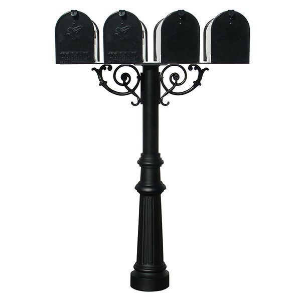Economy Mailboxes With Hanford Quadruple Post, Support Braces, And Fluted Base, Black