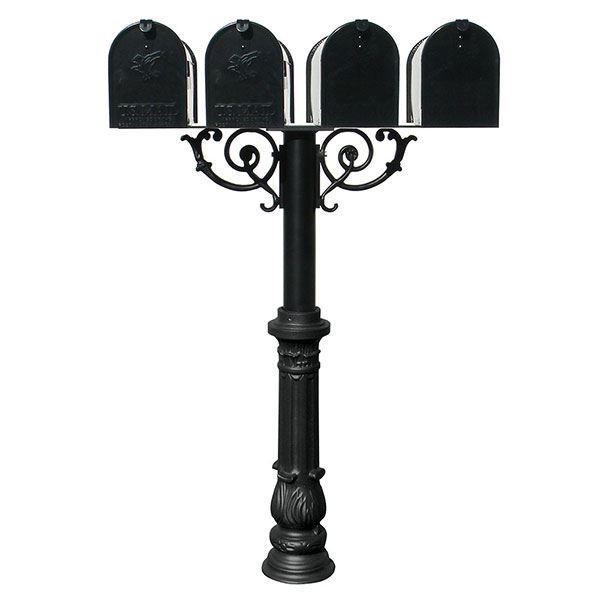 Economy Mailboxes With Hanford Quadruple Post, Support Braces And Ornate Base, Black