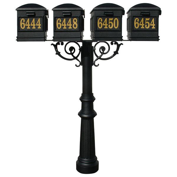Lewiston Mailboxes With Hanford Quadruple Post, Support Braces, And Fluted Base, Black