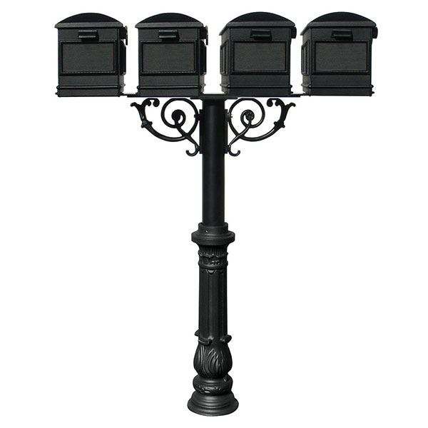 Lewiston Mailboxes With Hanford Quadruple Post, Support Braces And Ornate Base, Black