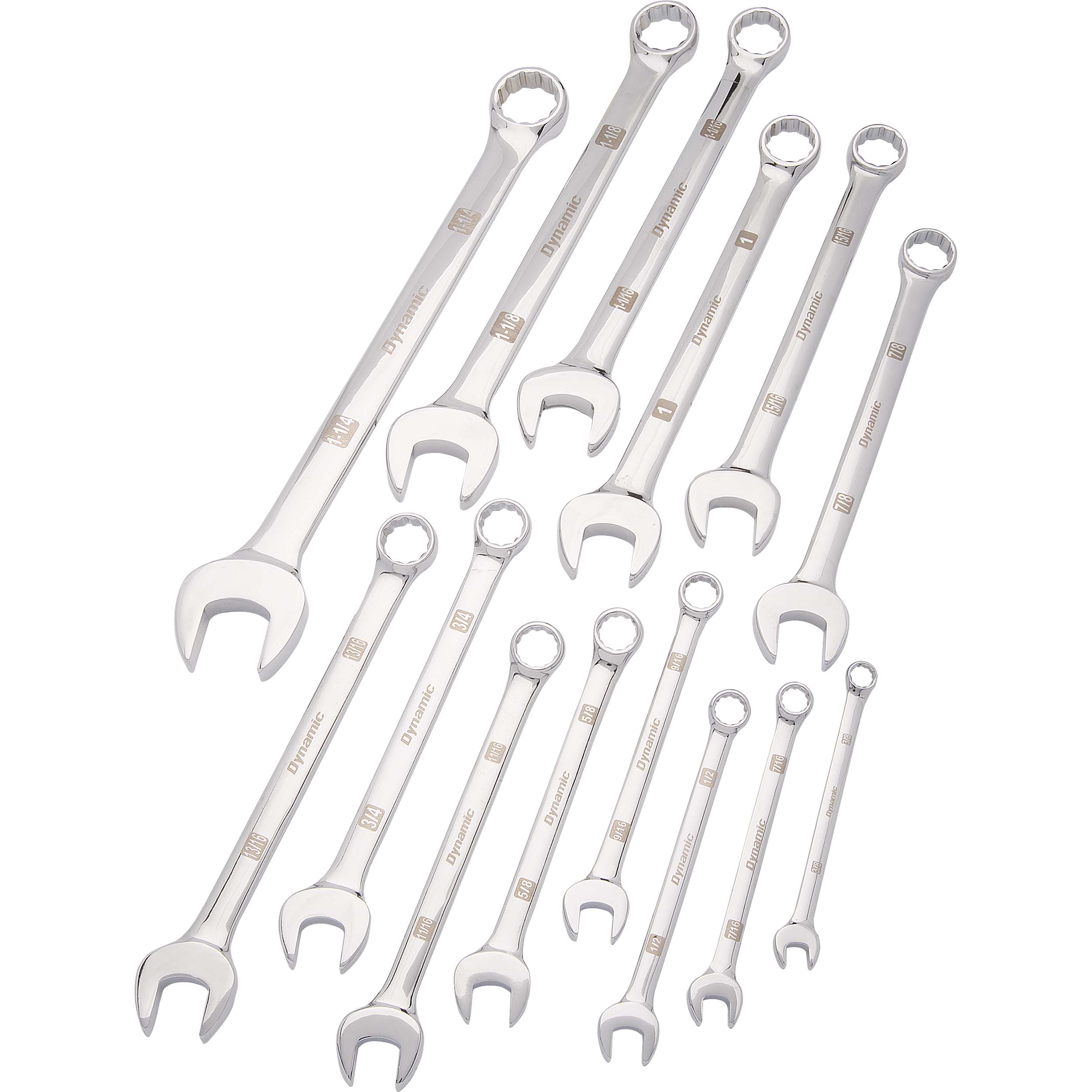 product: Dynamic Combination Wrench Set with Mirror Chrome Finish, 14pc SAE, 3/8