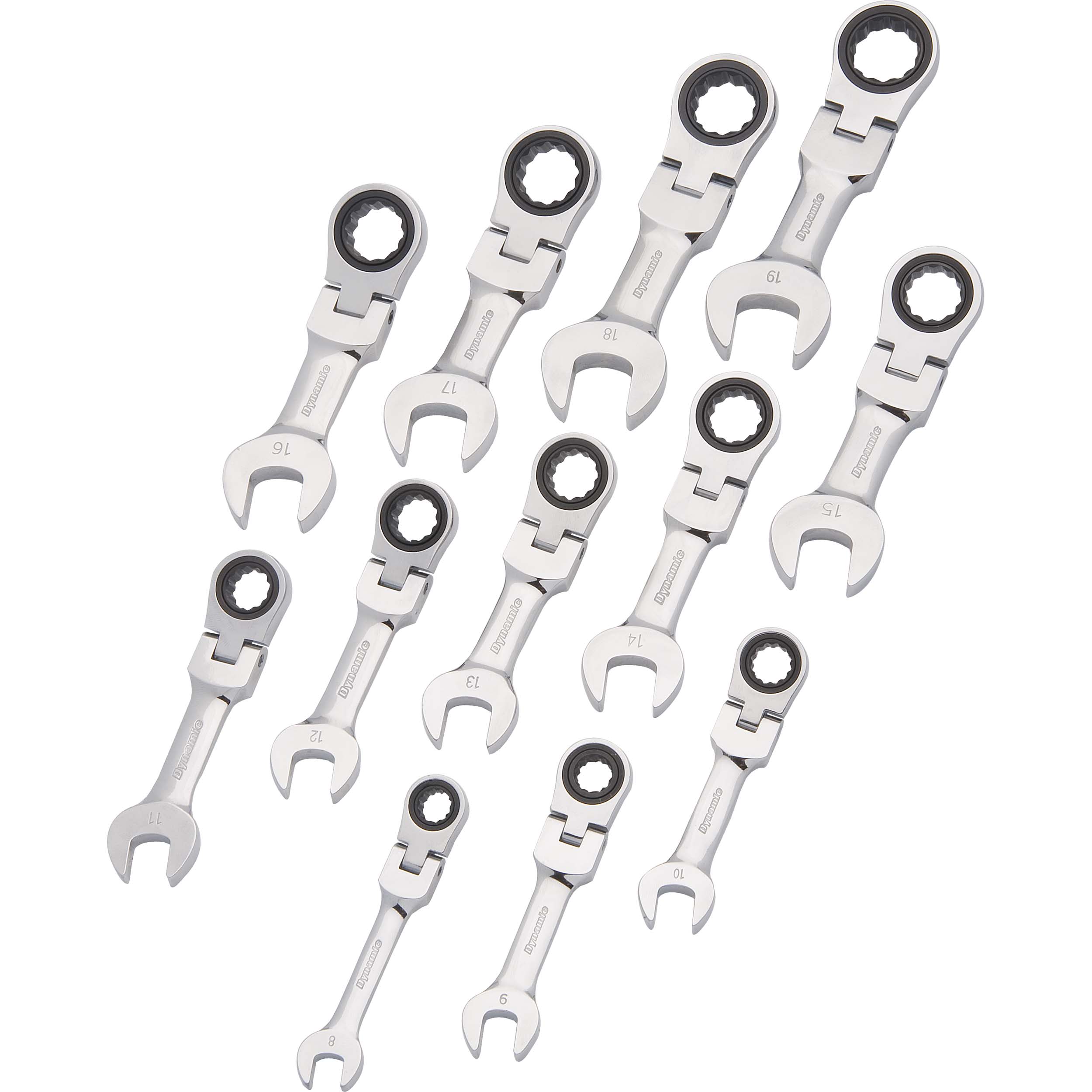 product: Dynamic Ratcheting Wrench Set, 12pc, Metric, Stubby Flex Head Combination 8mm - 19mm shown
