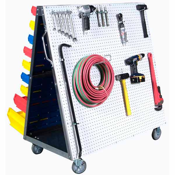 Triton Aluminum Frame Mobile Combo Cart With One Side Duraboard Poly Pegboard And One Side Louvered Panel Storage