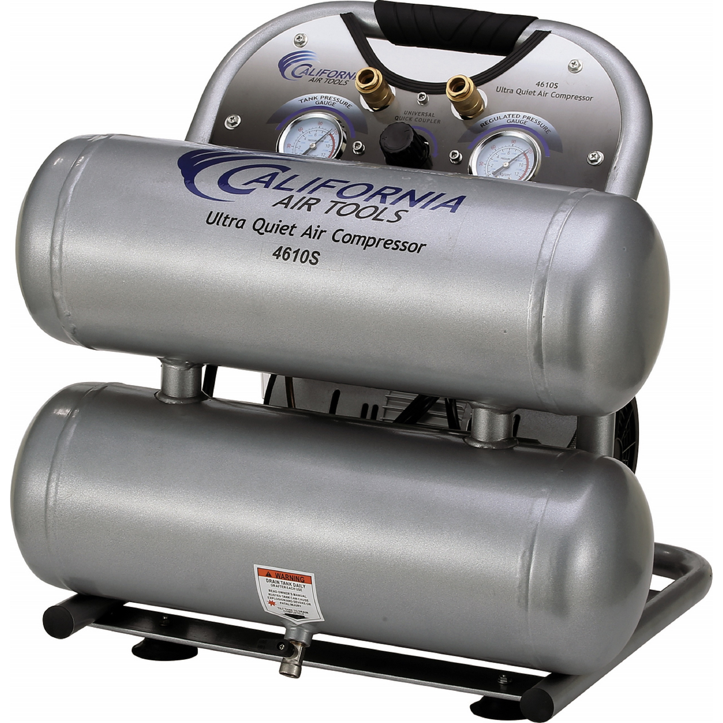 product: California Air Tools 1HP 4-3/5 Gallon Oil-Free Twin Portable Steel Tank Air Compressor shown