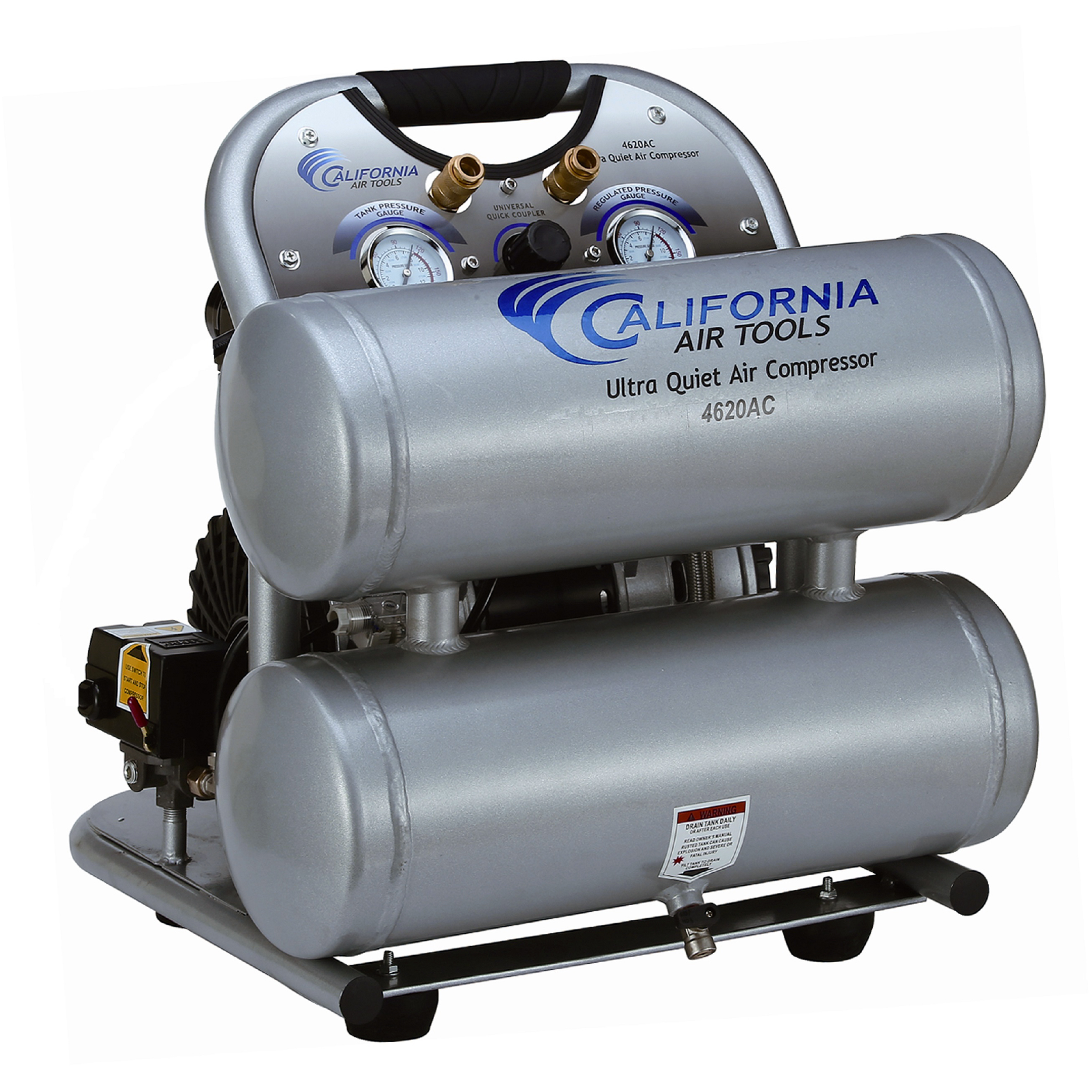 product: California Air Tools 2HP 4.6 Gallon Oil-Free Twin Aluminum Tank Air Compressor shown