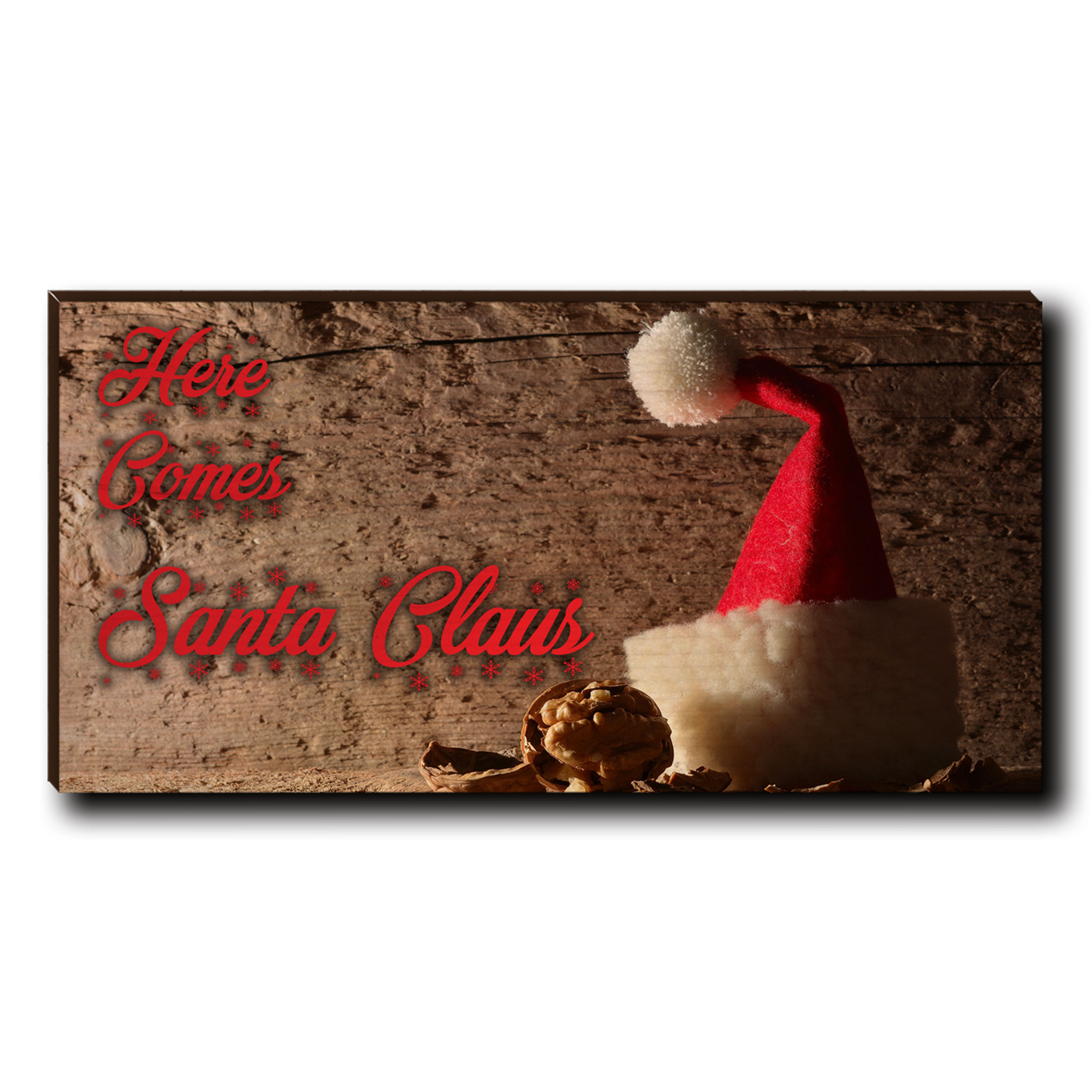 Cutting Board Here Comes Santa Red Text 12" X 6"