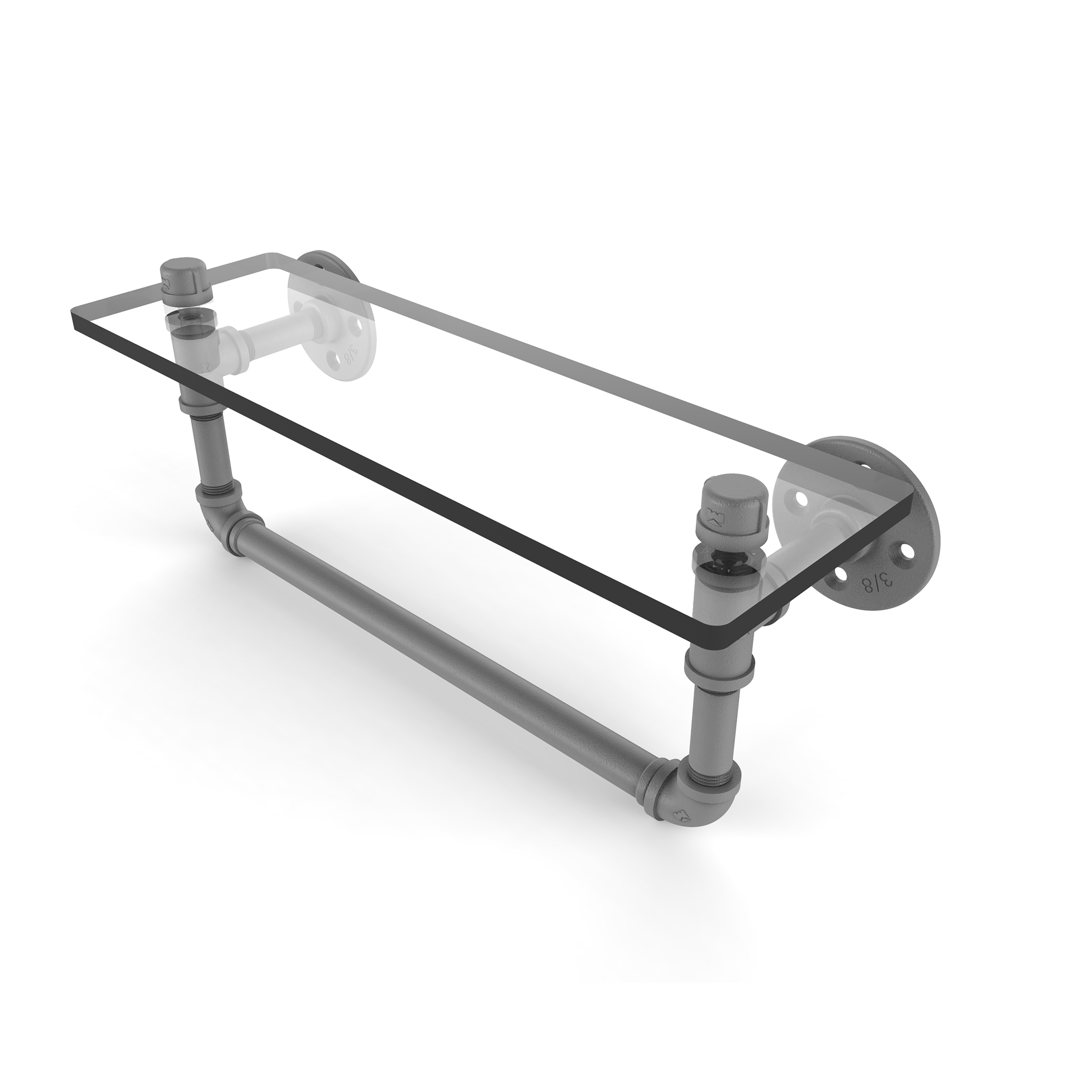 16" Glass Shelf With Towel Bar, Matt Gray Finish