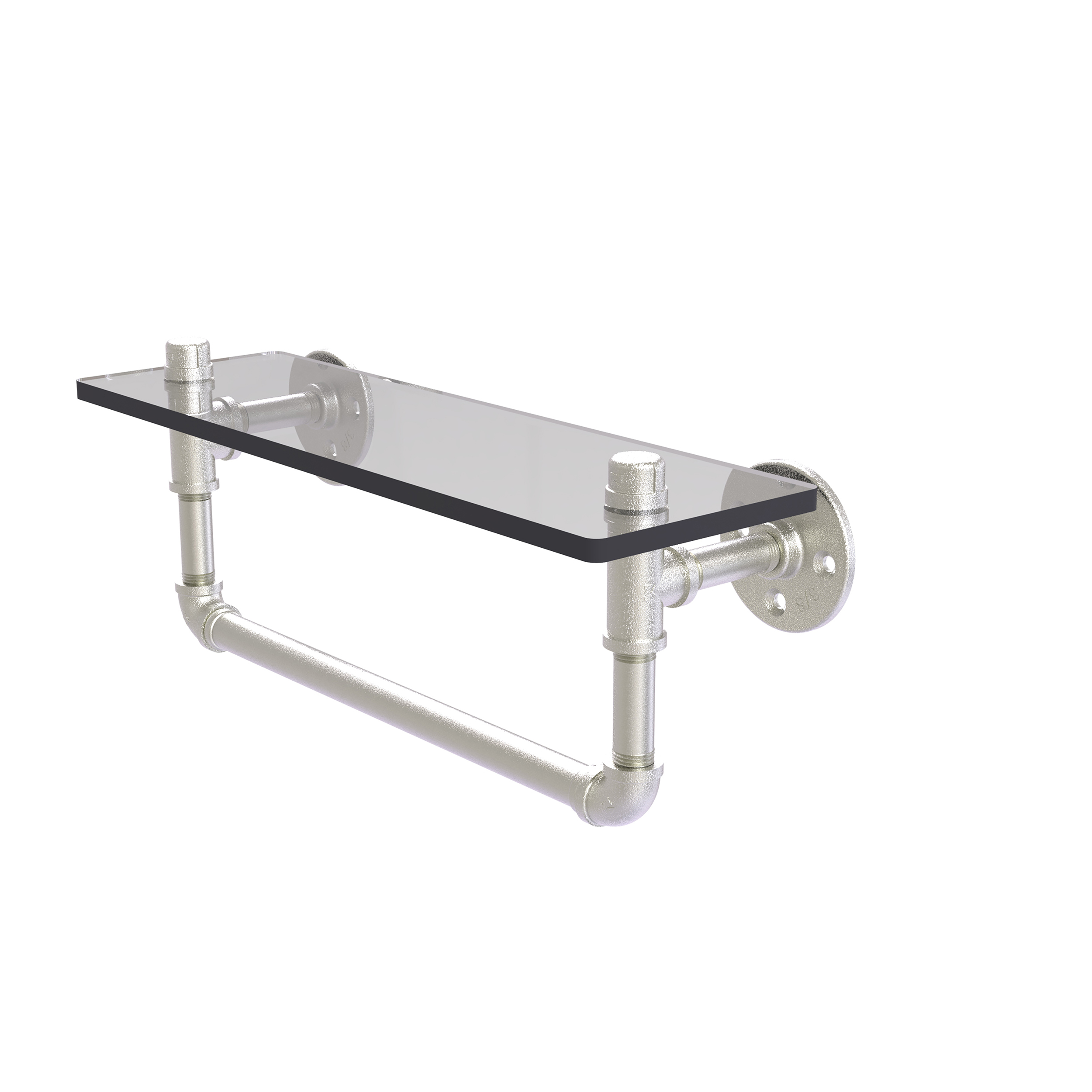 16" Glass Shelf With Towel Bar, Satin Nickel Finish