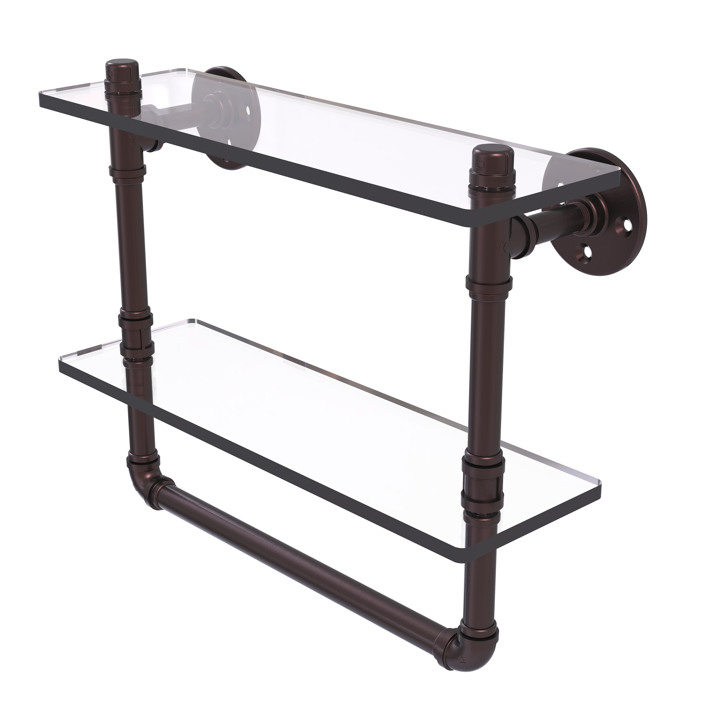 16" Double Glass Shelf With Towel Bar, Antique Bronze Finish
