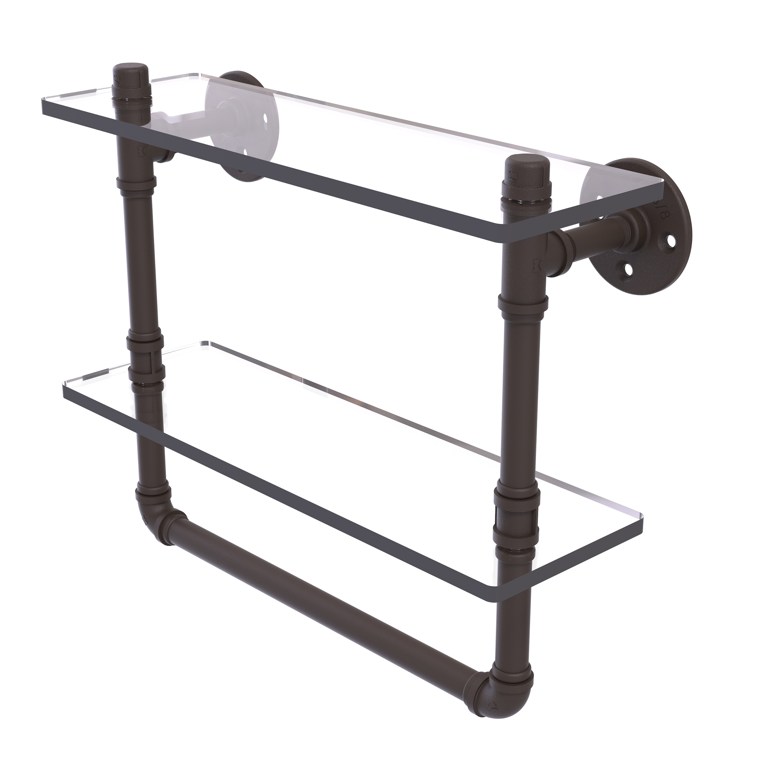 16" Double Glass Shelf With Towel Bar, Oil Rubbed Bronze Finish