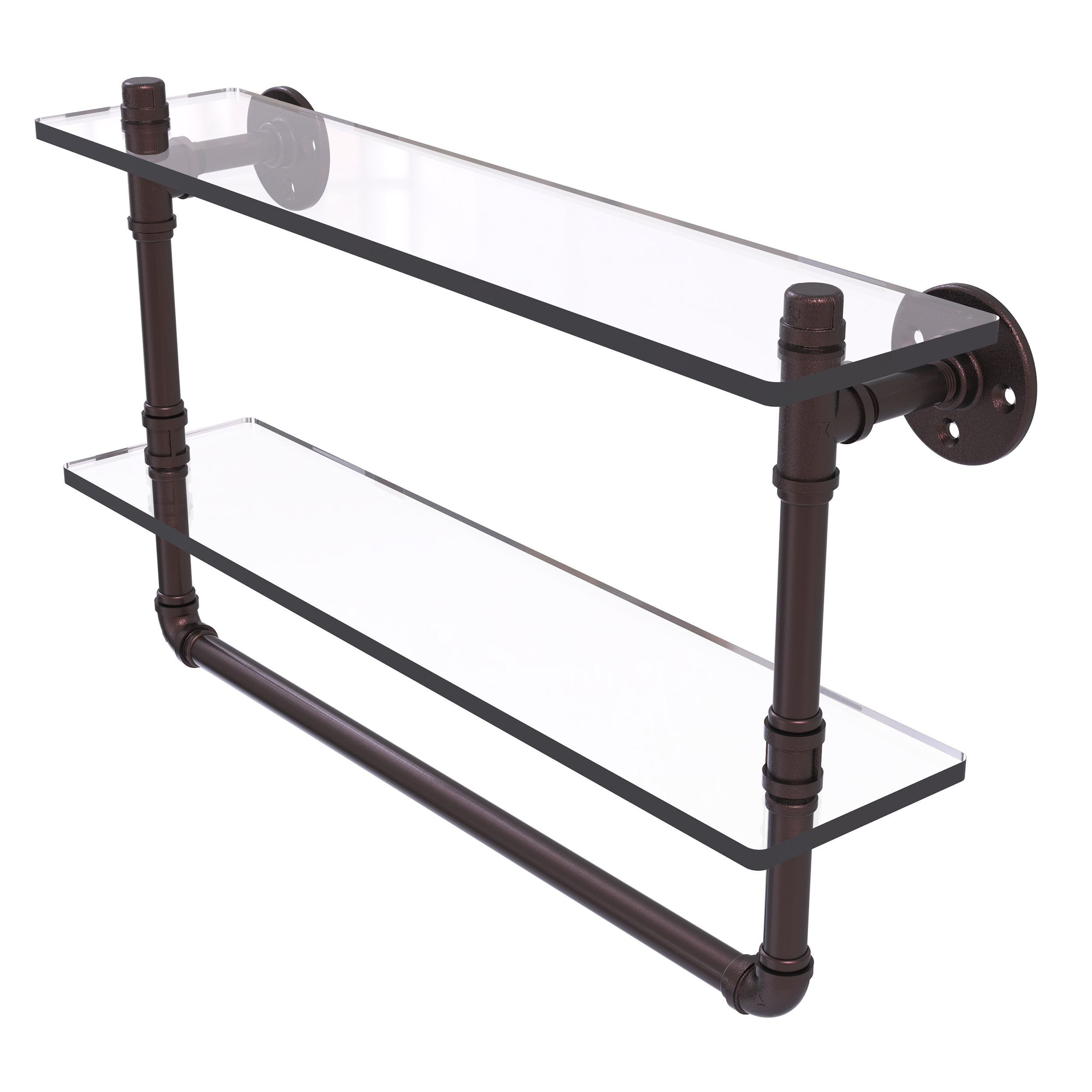 22" Double Glass Shelf With Towel Bar, Antique Bronze Finish