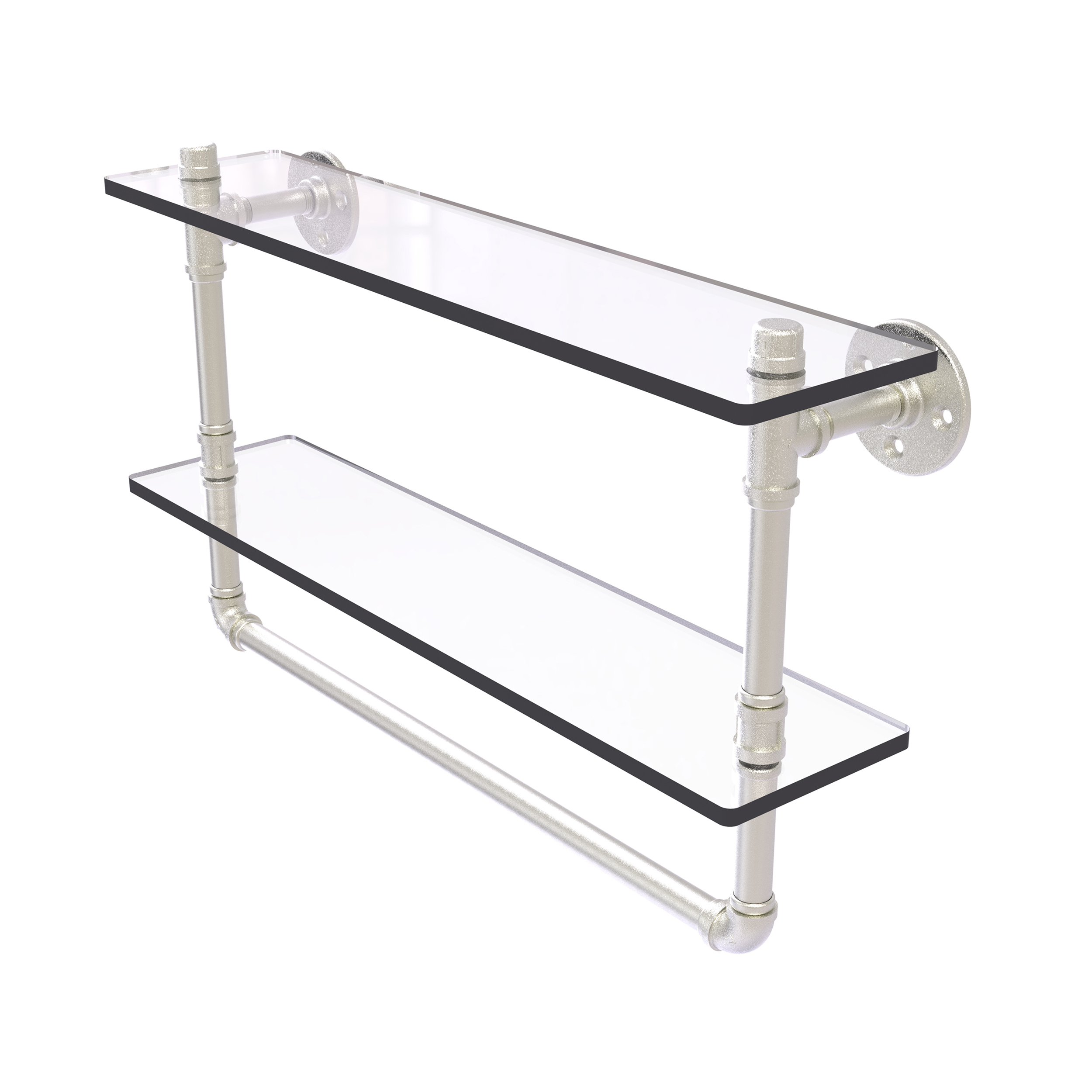 22" Double Glass Shelf With Towel Bar, Satin Nickel Finish
