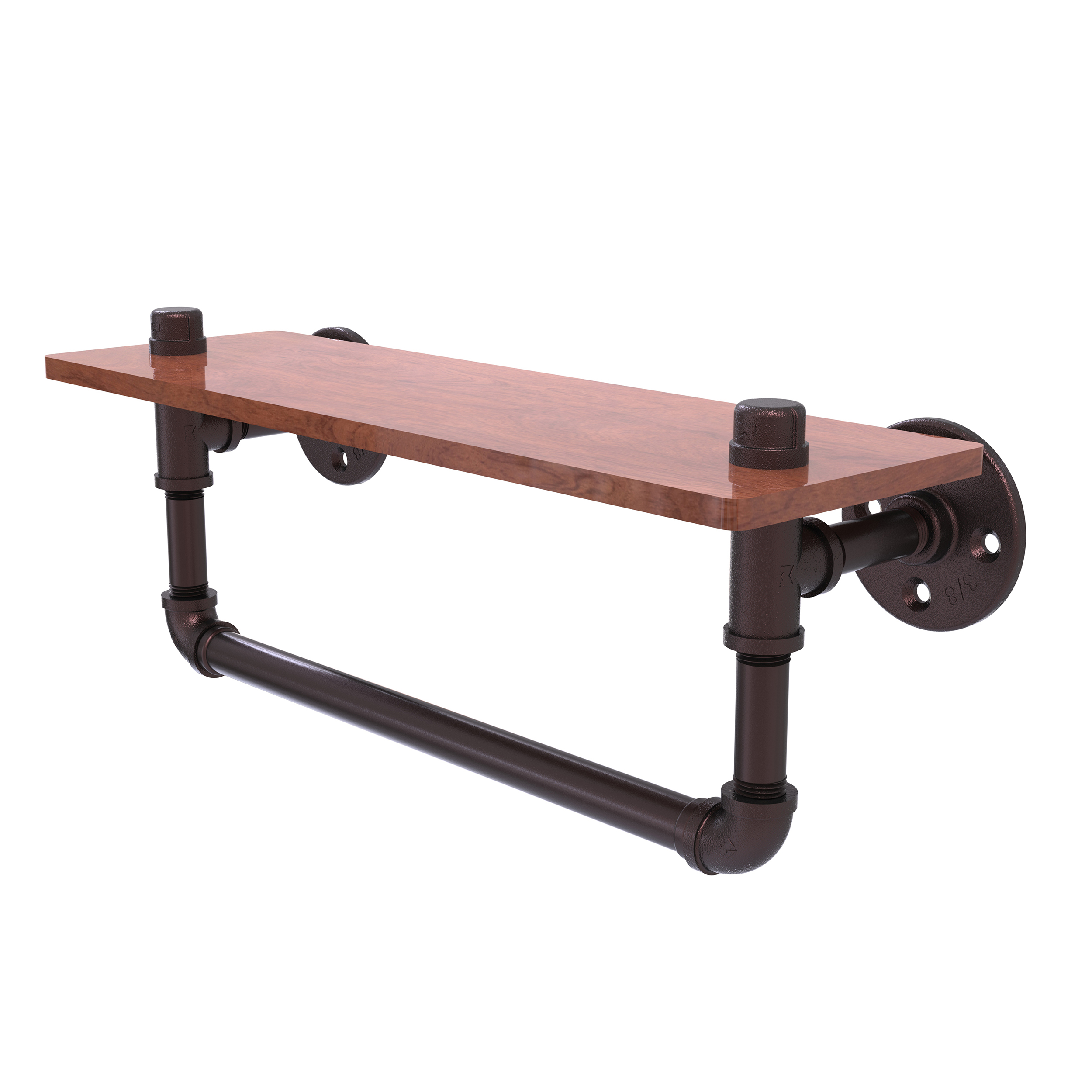 16" Ironwood Shelf With Towel Bar, Antique Bronze Finish