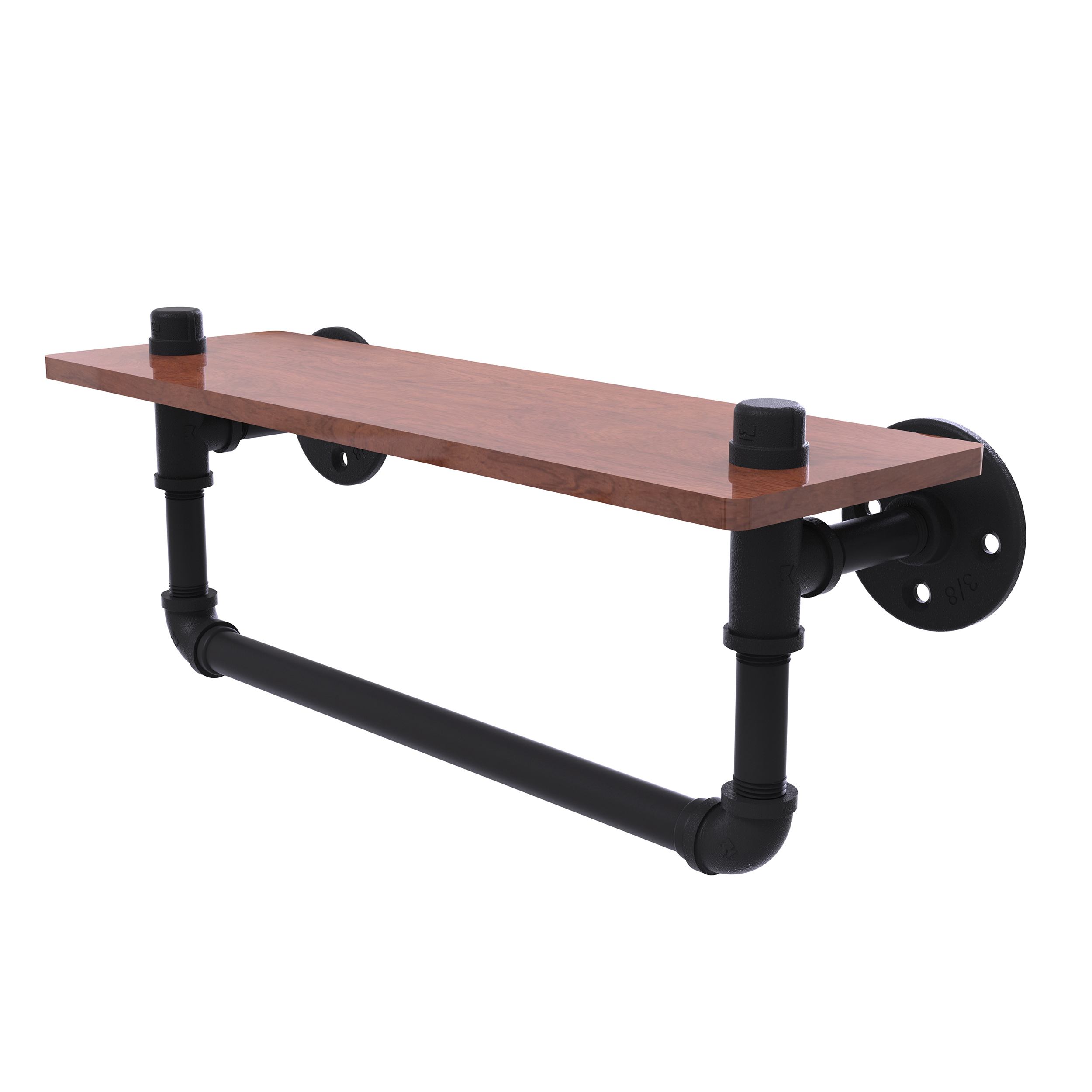 16" Ironwood Shelf With Towel Bar, Matt Black Finish