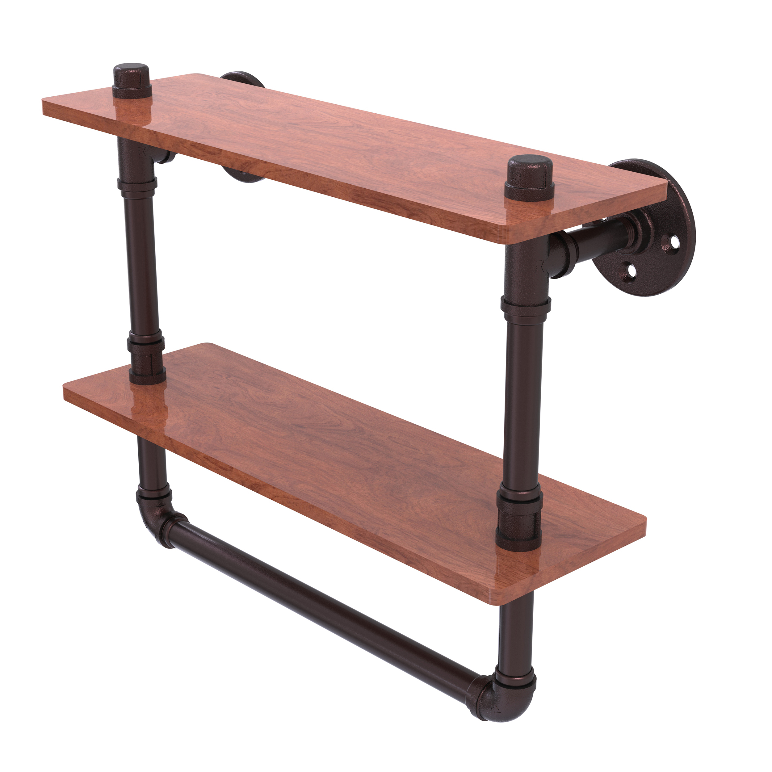 16" Double Ironwood Shelf With Towel Bar, Antique Bronze Finish