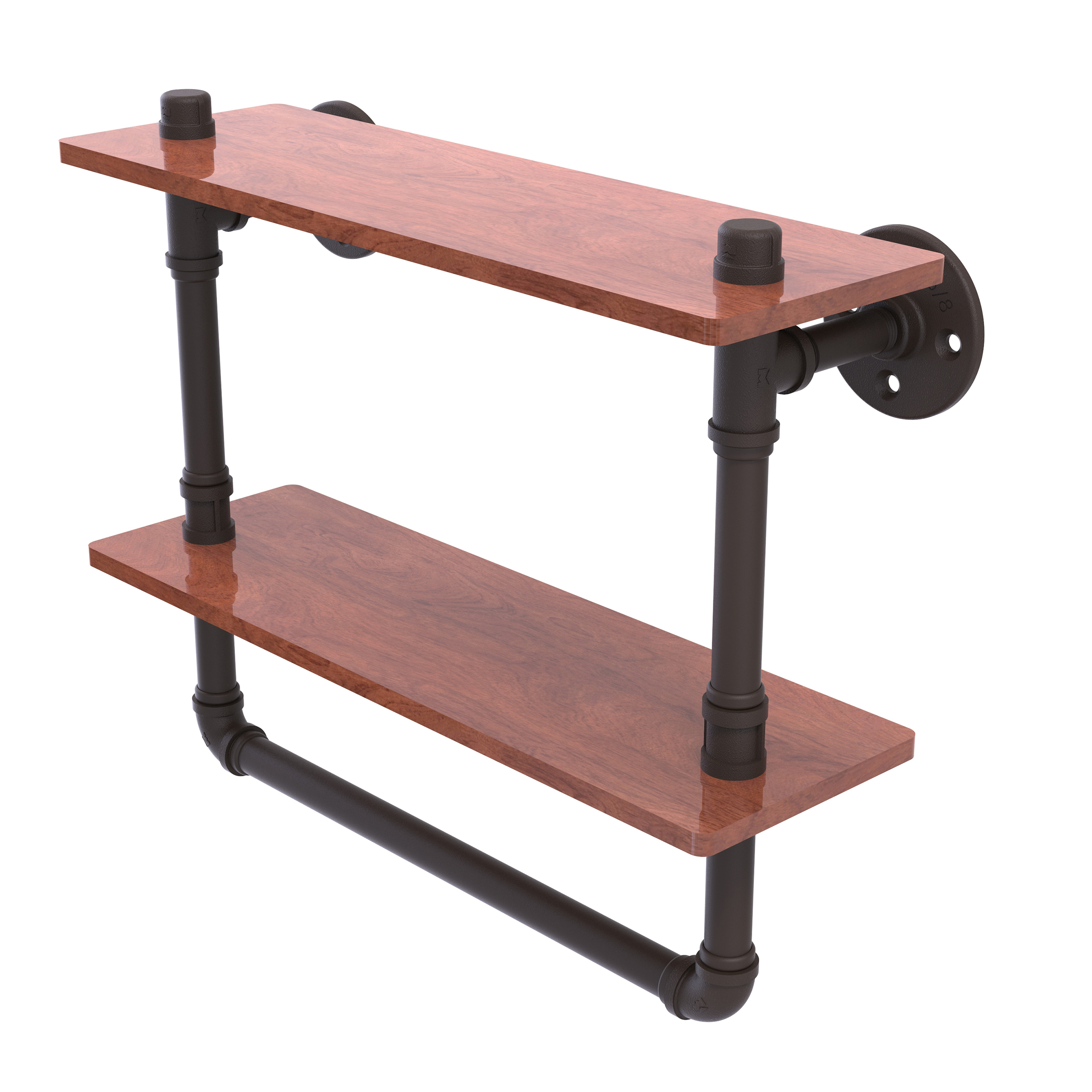 16" Double Ironwood Shelf With Towel Bar, Oil Rubbed Bronze Finish