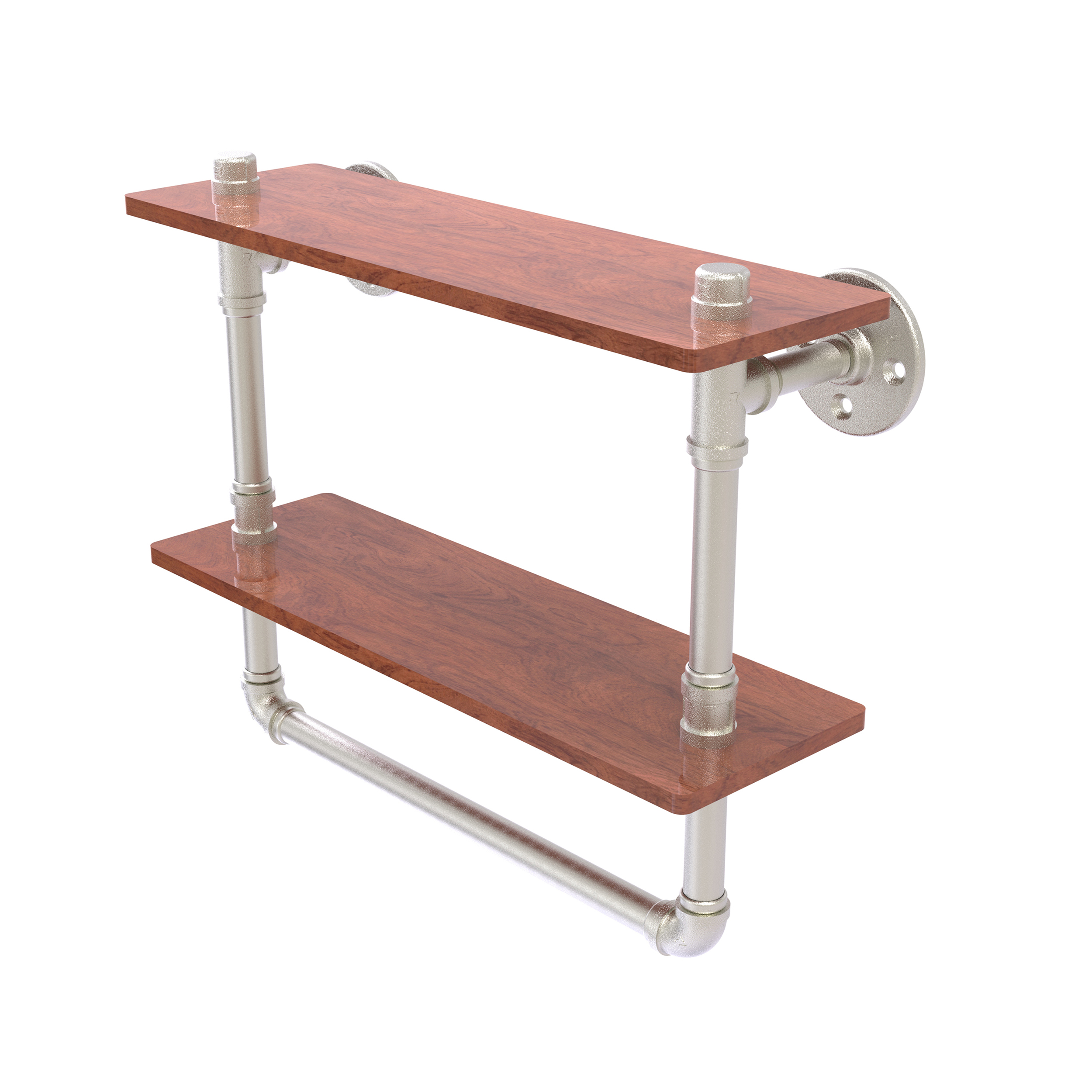 16" Double Ironwood Shelf With Towel Bar, Satin Nickel Finish