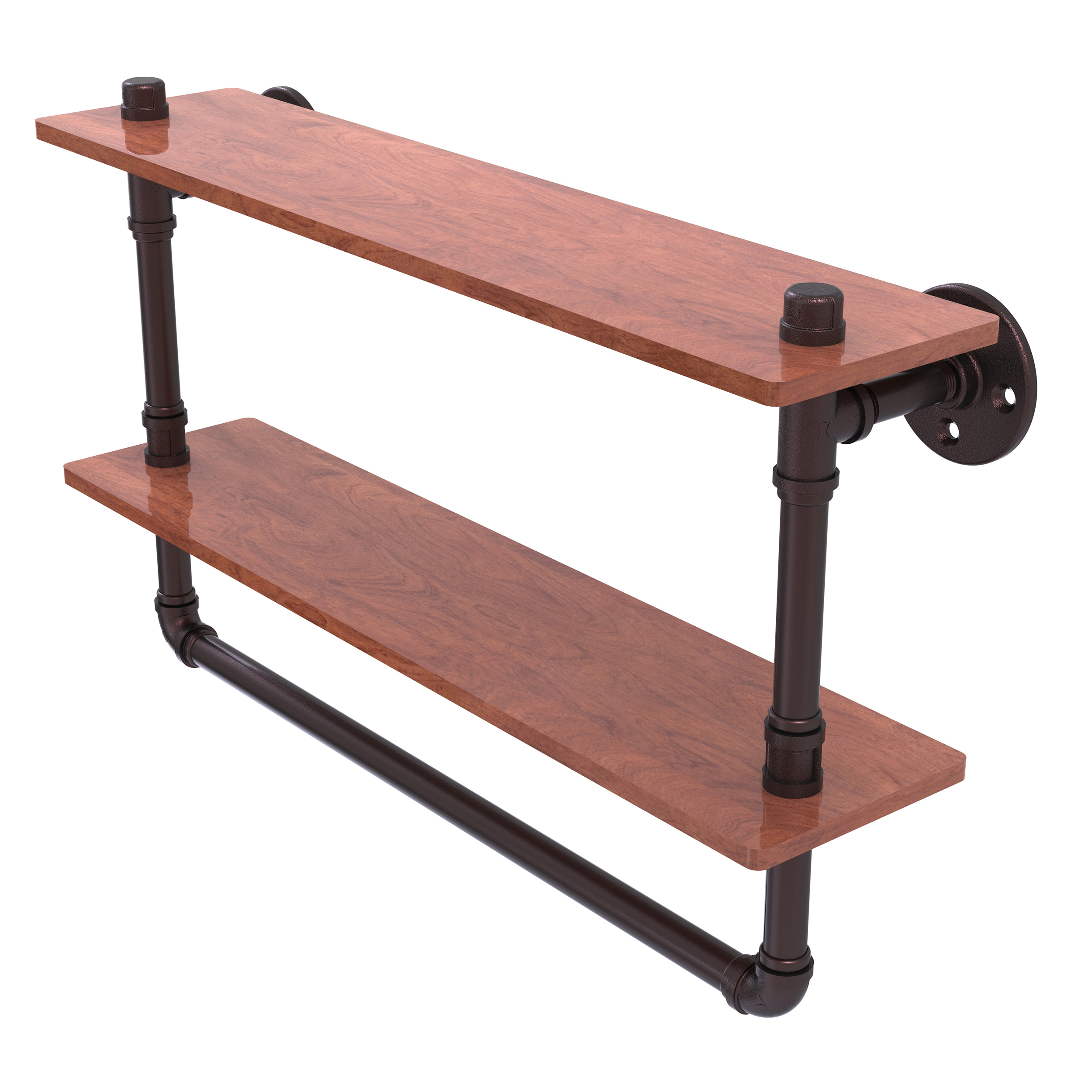 22" Double Ironwood Shelf With Towel Bar, Antique Bronze Finish