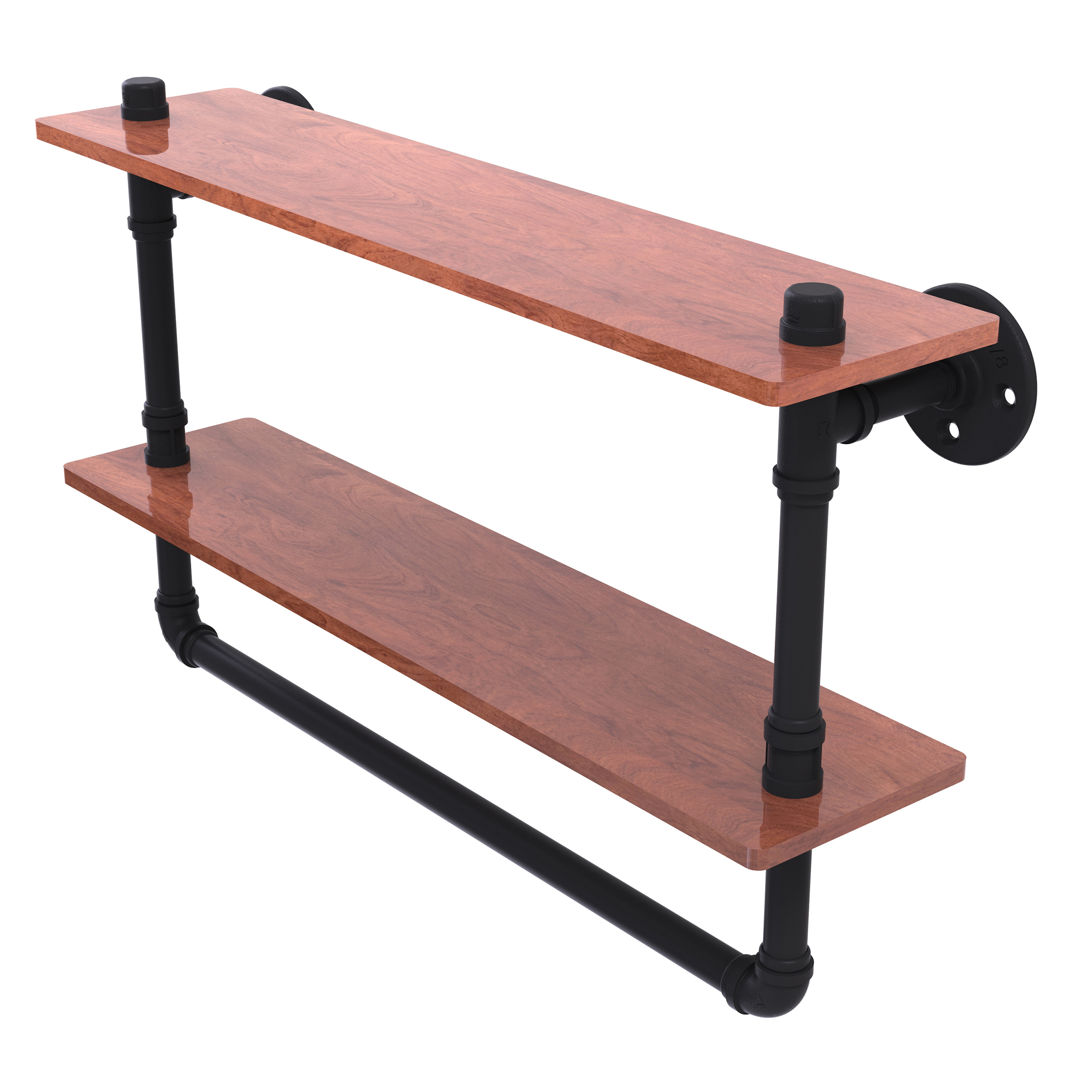 22" Double Ironwood Shelf With Towel Bar, Matt Black Finish