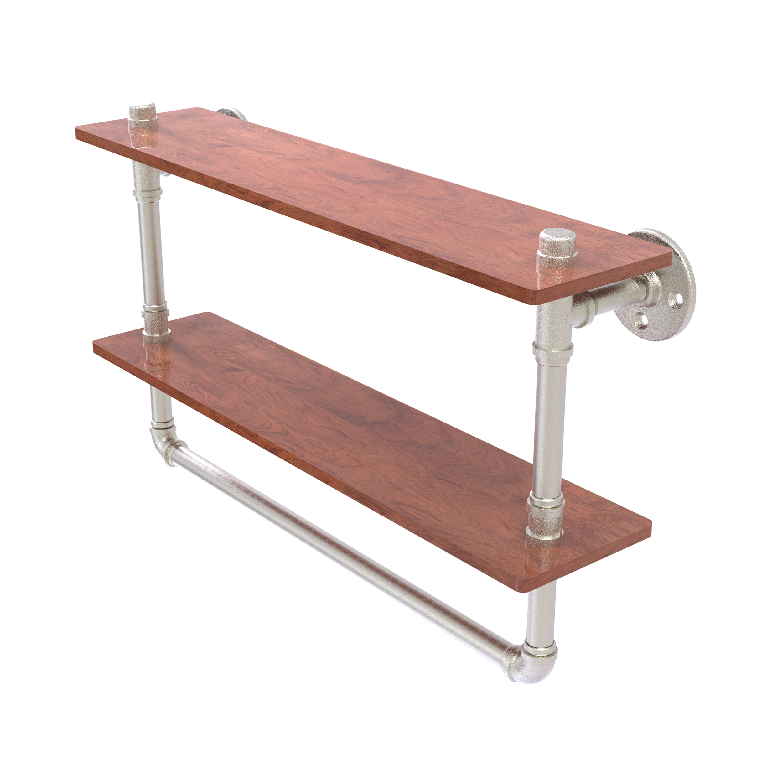 22" Double Ironwood Shelf With Towel Bar, Satin Nickel Finish