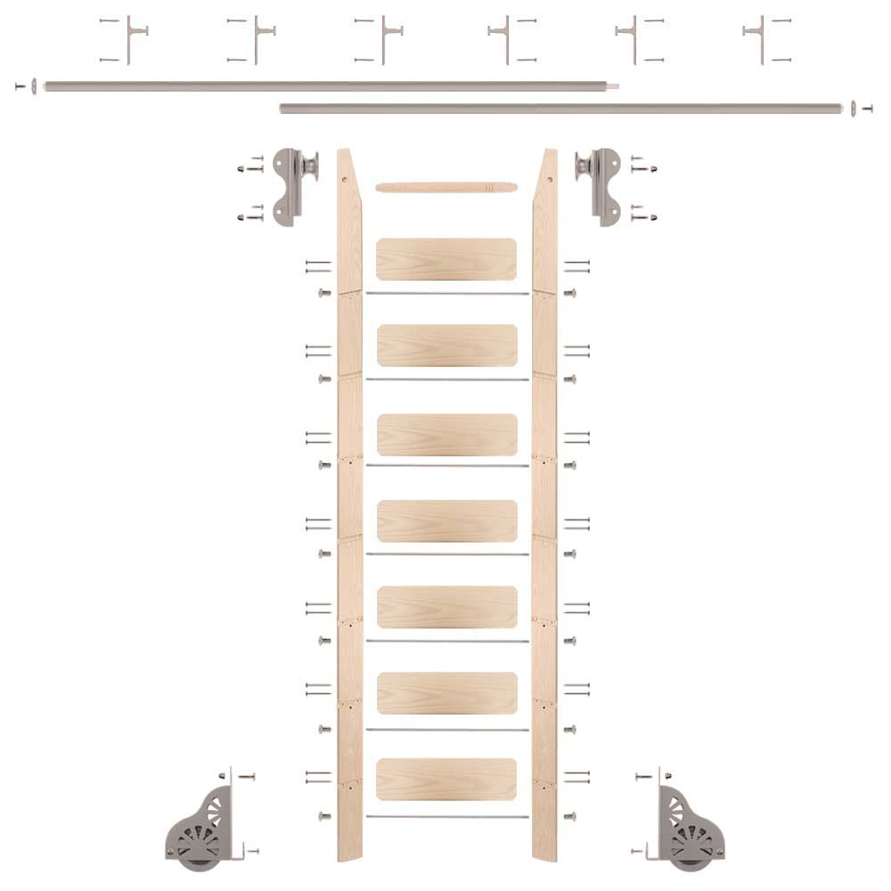 Rolling Hook 8-foot Maple Ladder Kit With 12-foot Rail And Vertical Brackets, Satin Nickel