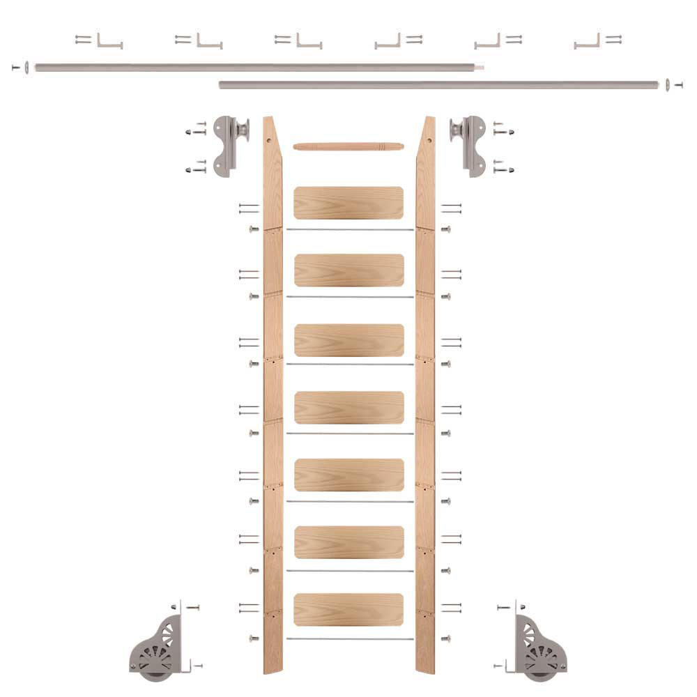 Rolling Hook 8-foot Red Oak Ladder Kit With 12-foot Rail And Horizontal Brackets, Satin Nickel