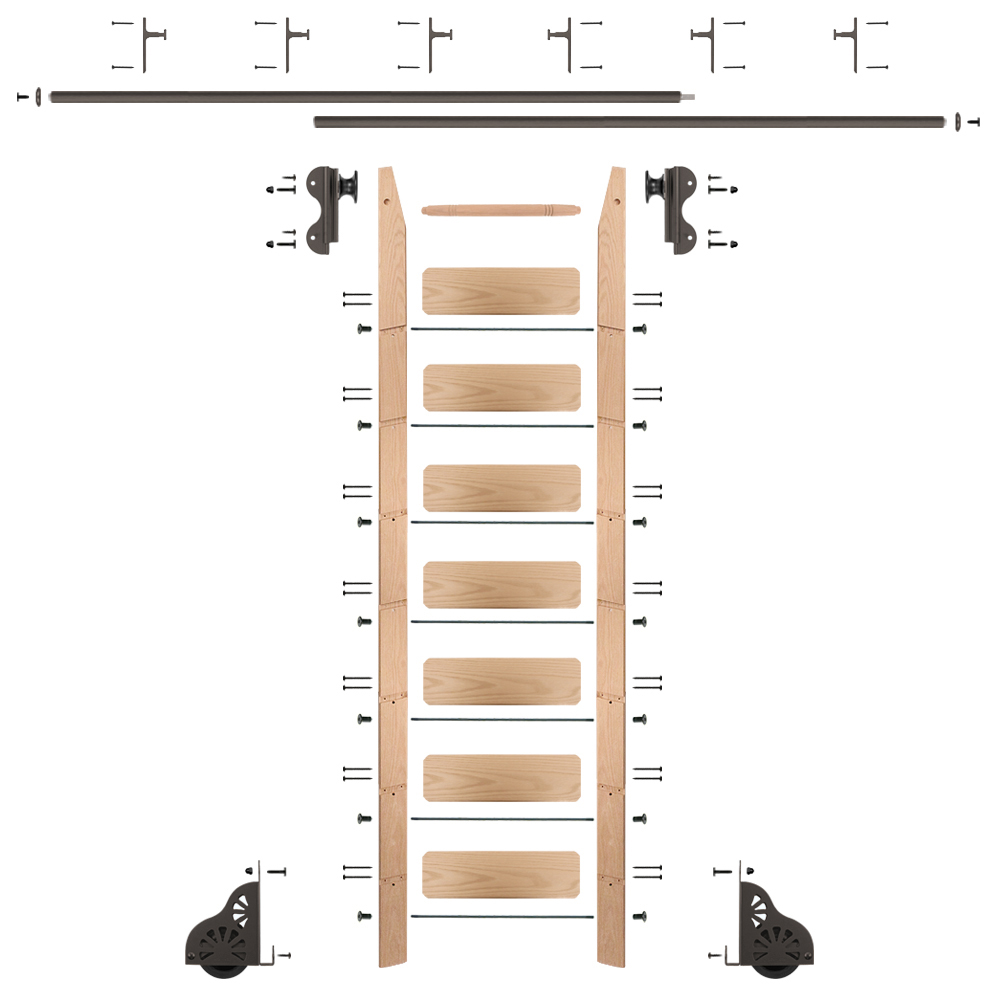 Rolling Hook 8-foot Red Oak Ladder Kit With 12-foot Rail And Vertical Brackets, Bronze