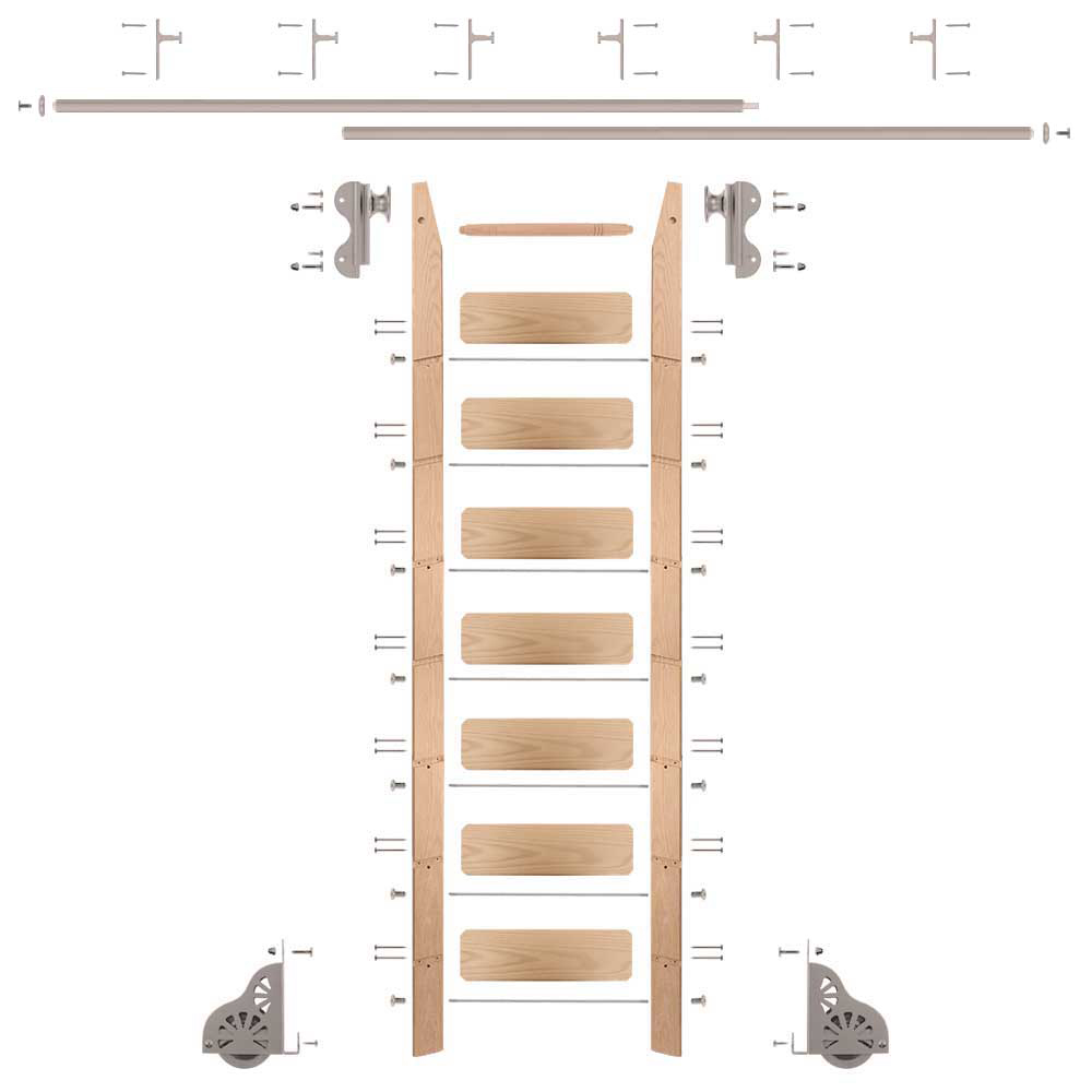 Rolling Hook 8-foot Red Oak Ladder Kit With 12-foot Rail And Vertical Brackets, Satin Nickel