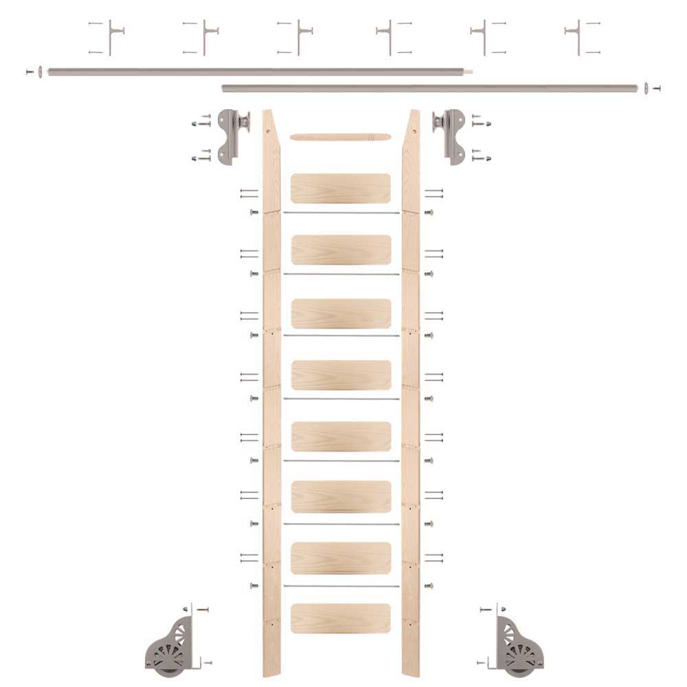 Rolling Hook 9-foot Maple Ladder Kit With 12-foot Rail And Vertical Brackets, Satin Nickel
