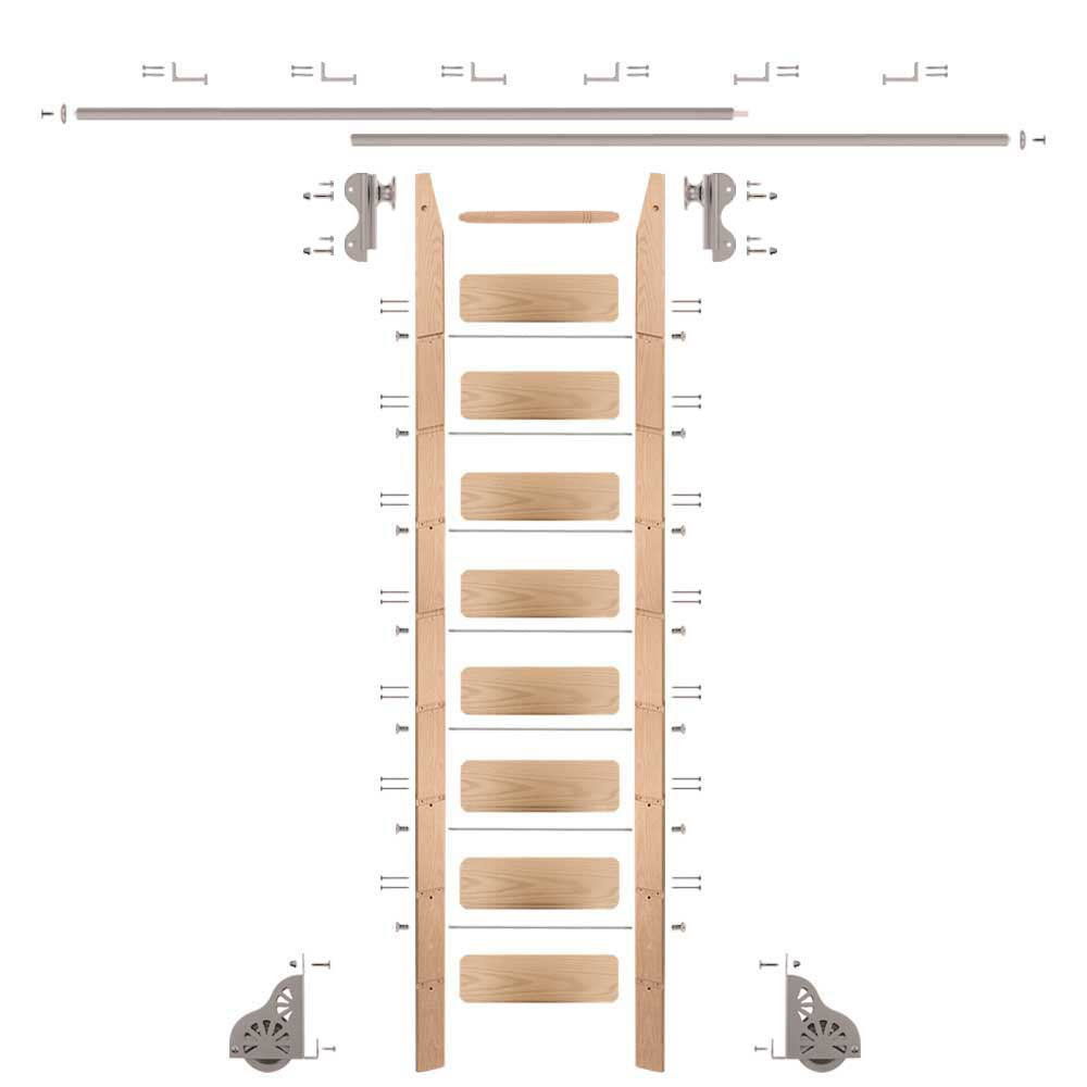 Rolling Hook 9-foot Red Oak Ladder Kit With 12-foot Rail And Horizontal Brackets, Satin Nickel
