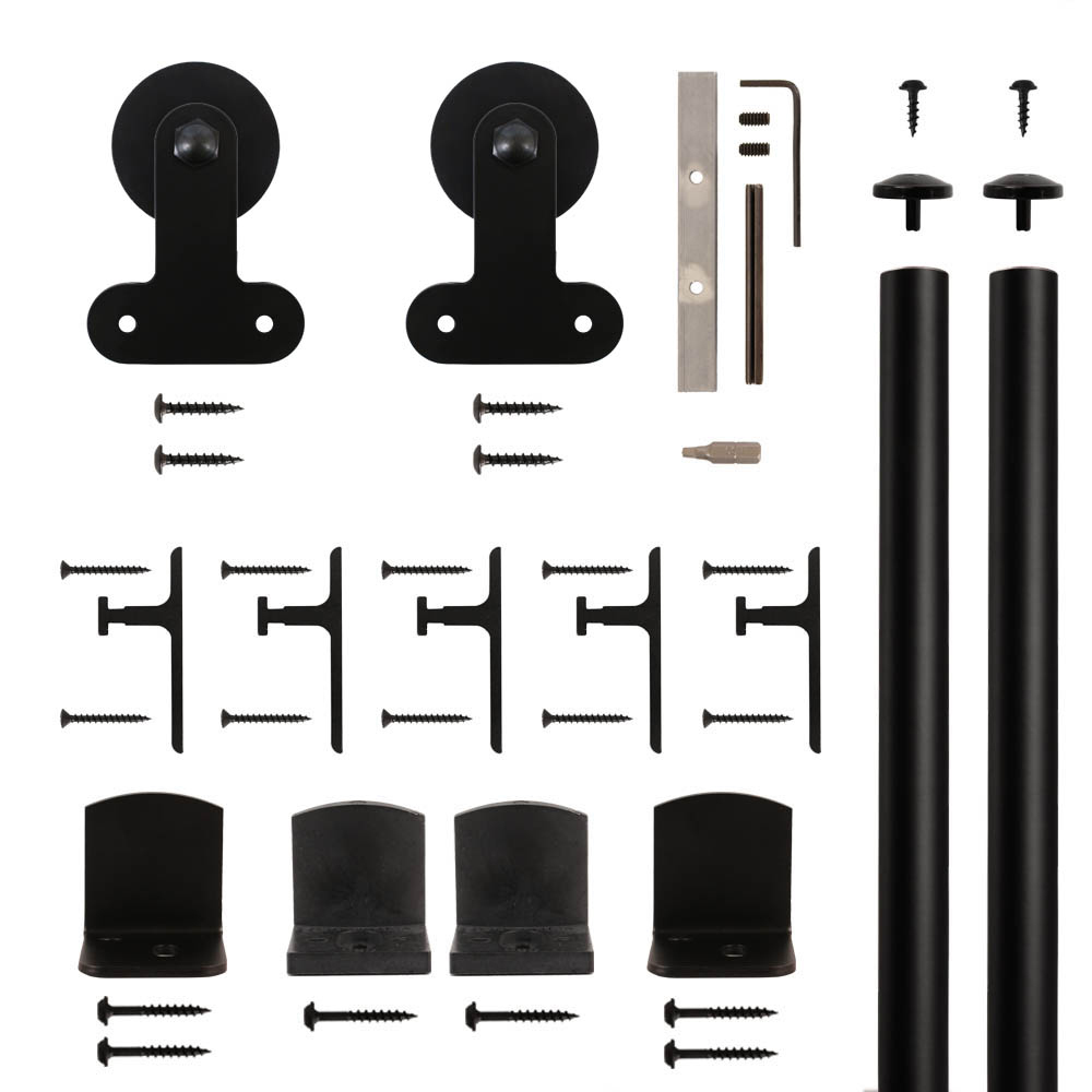 American Home Black Front-mount Round Rolling Barn Door Hardware Kit With 6-ft. Rail