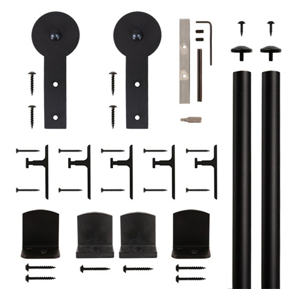 American Home Black Round Stick Rolling Barn Door Hardware Kit With 6-ft. Rail