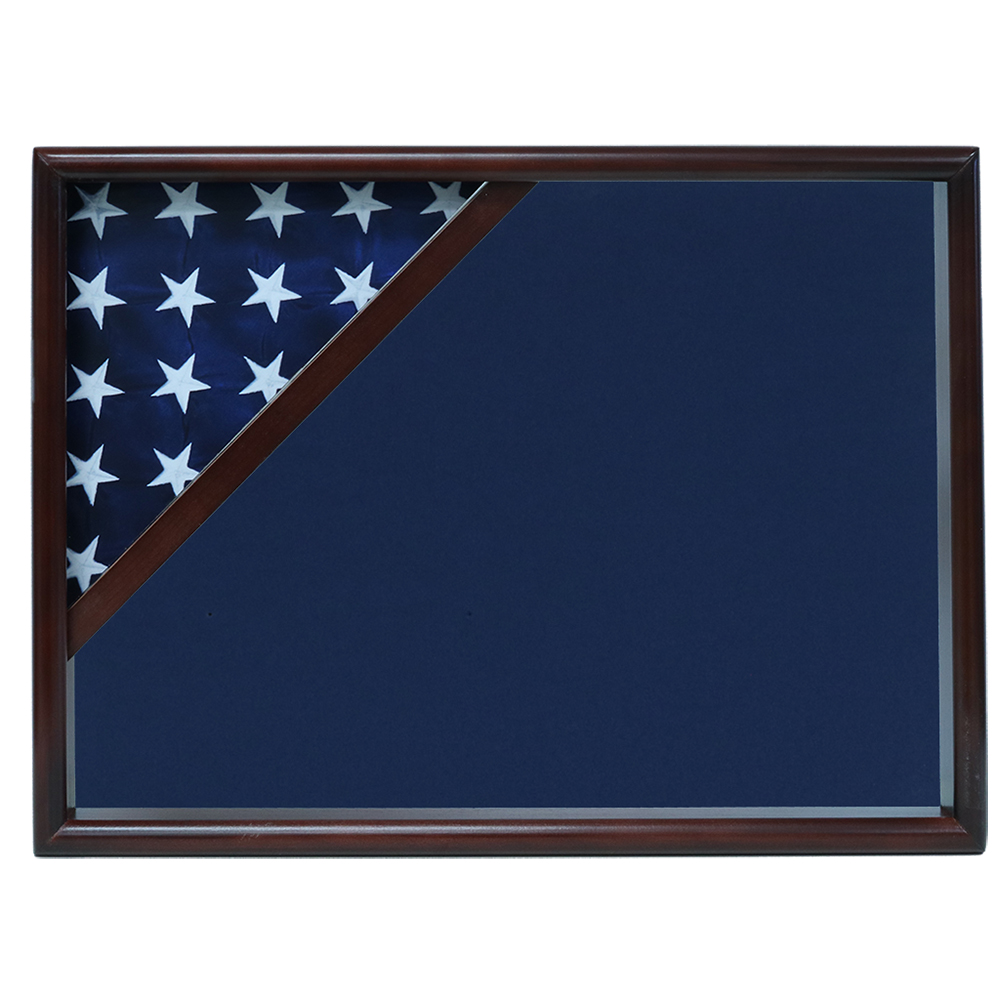 Ceremonial Flag Corner Case, Walnut, Blue Velvet Background