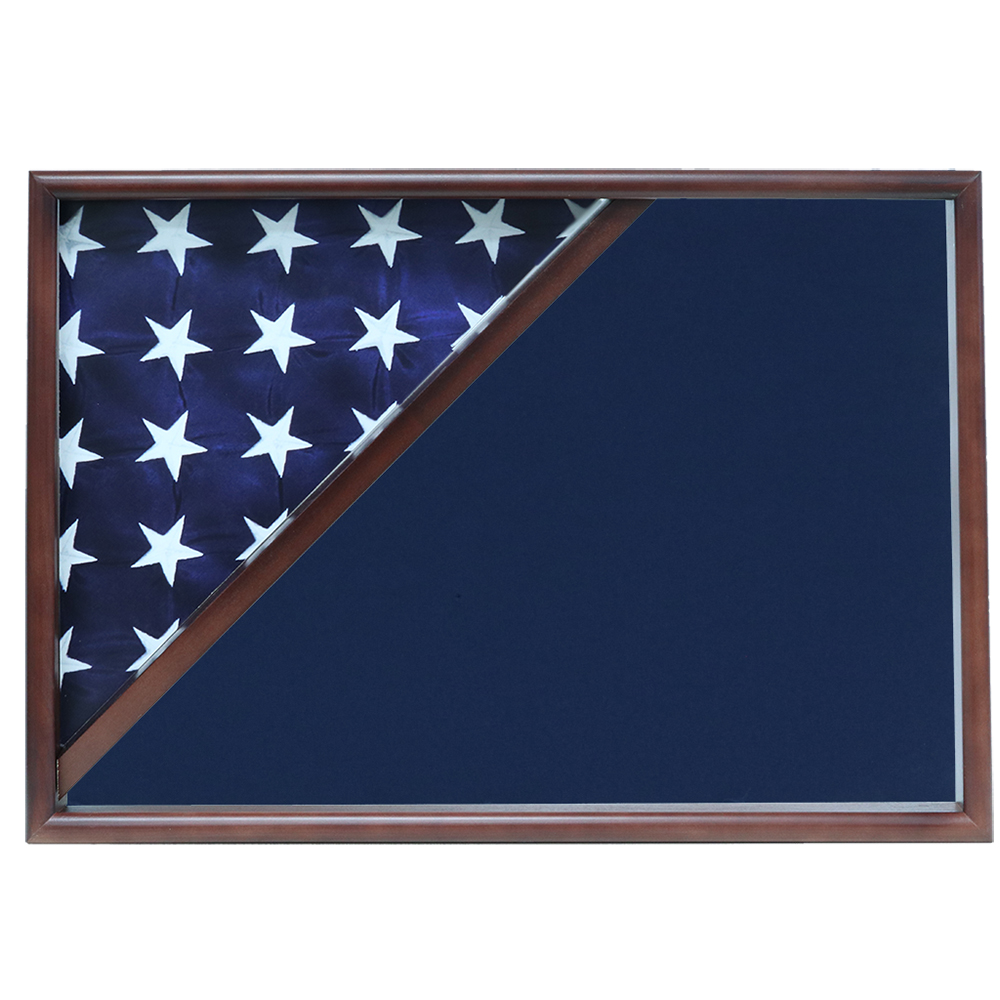 Memorial Flag Case, Walnut, Blue Velvet Background