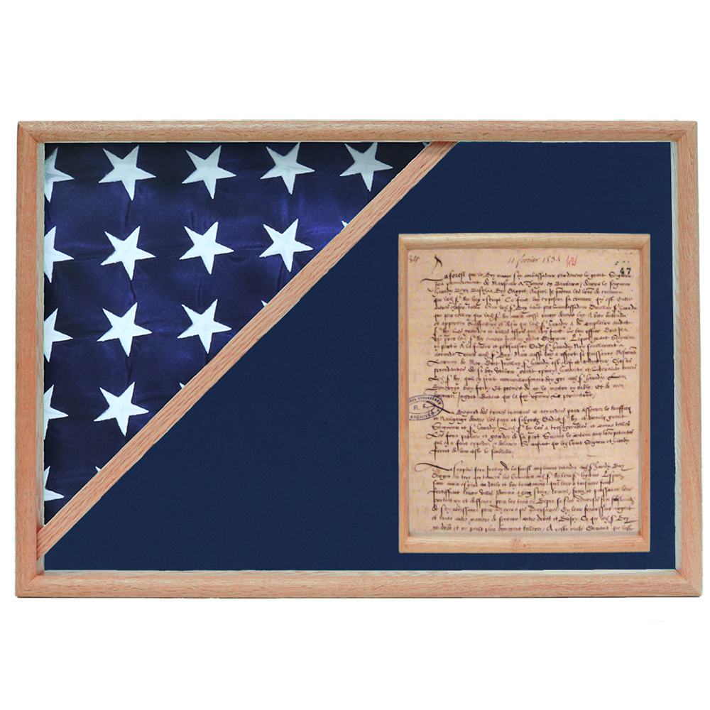 Memorial Flag And Doc Case, Oak, Blue Velvet Background