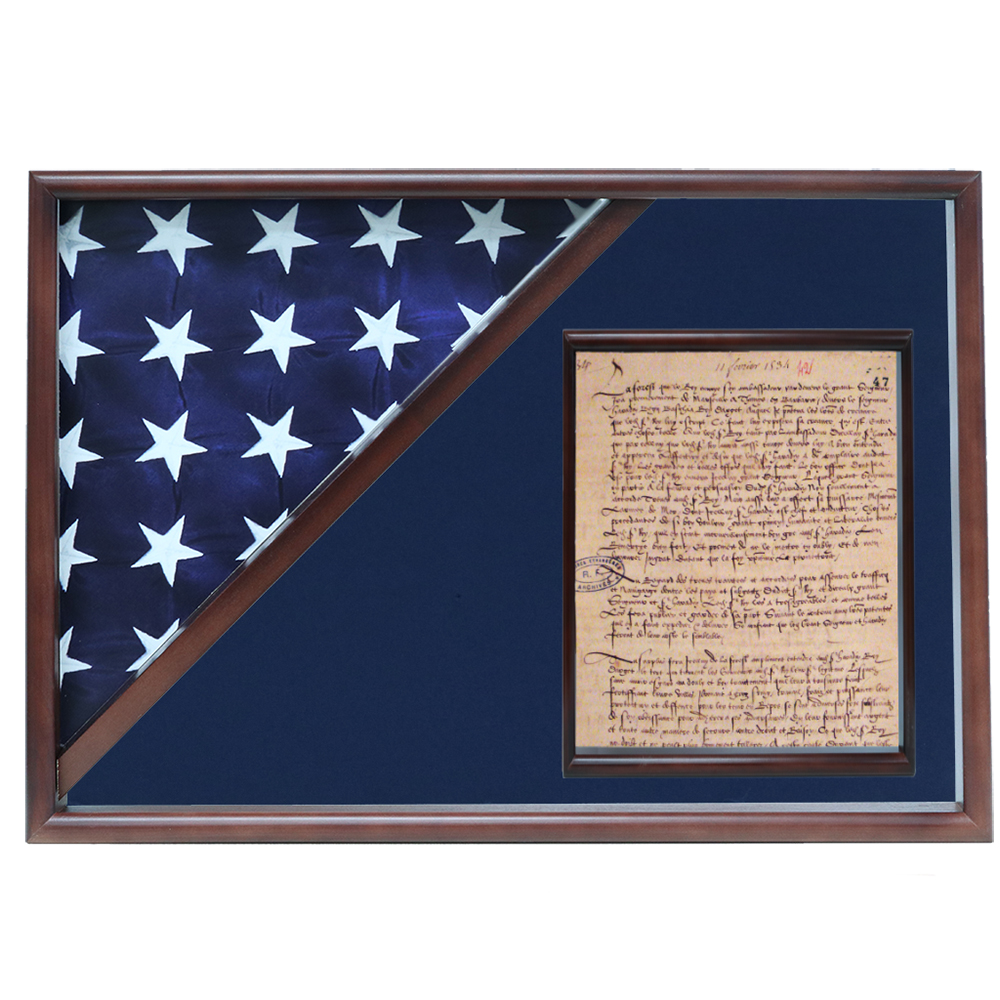 Memorial Flag And Doc Case, Walnut, Blue Velvet Background