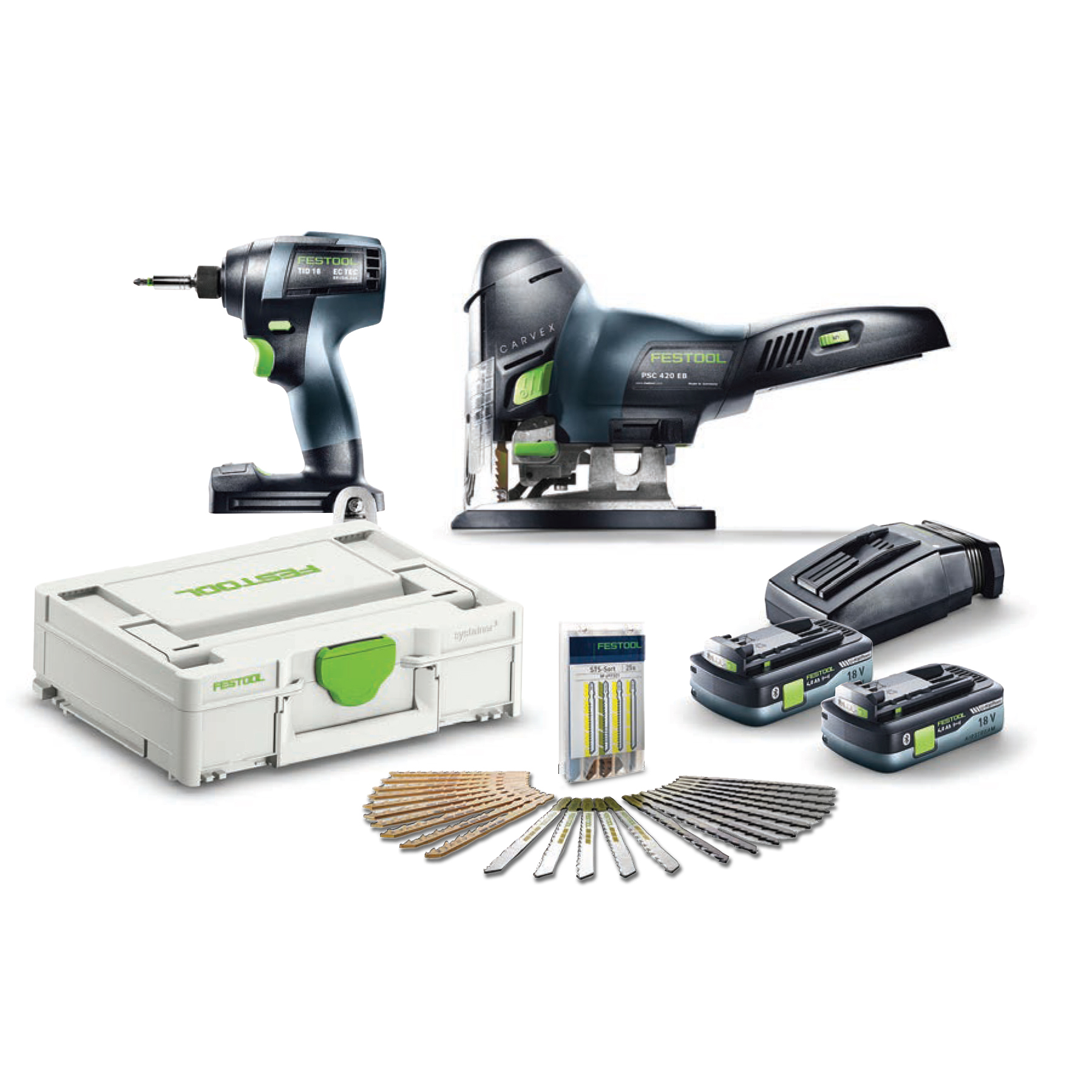 product: Festool TID 18 Cordless Impact Driver and PSC 420 Cordless Jigsaw Set shown