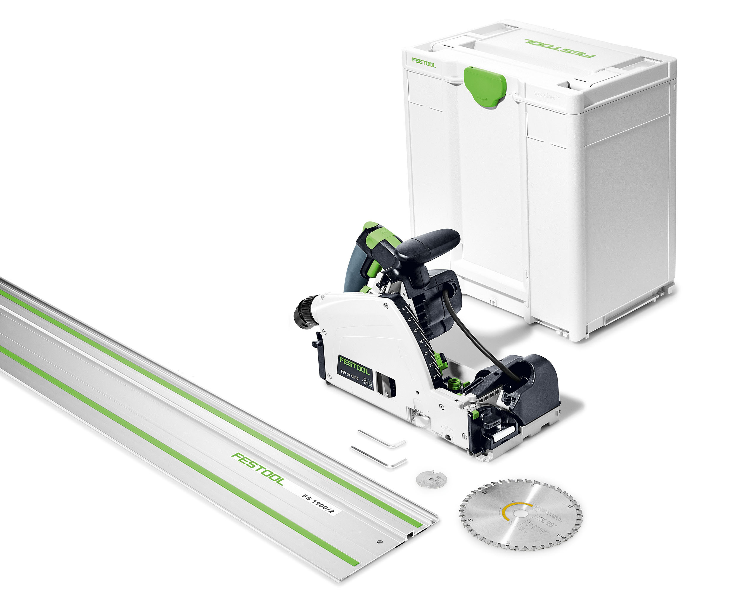 product: Festool TSV 60 Plunge Cut Saw with Scoring Blade and Guide Rail shown