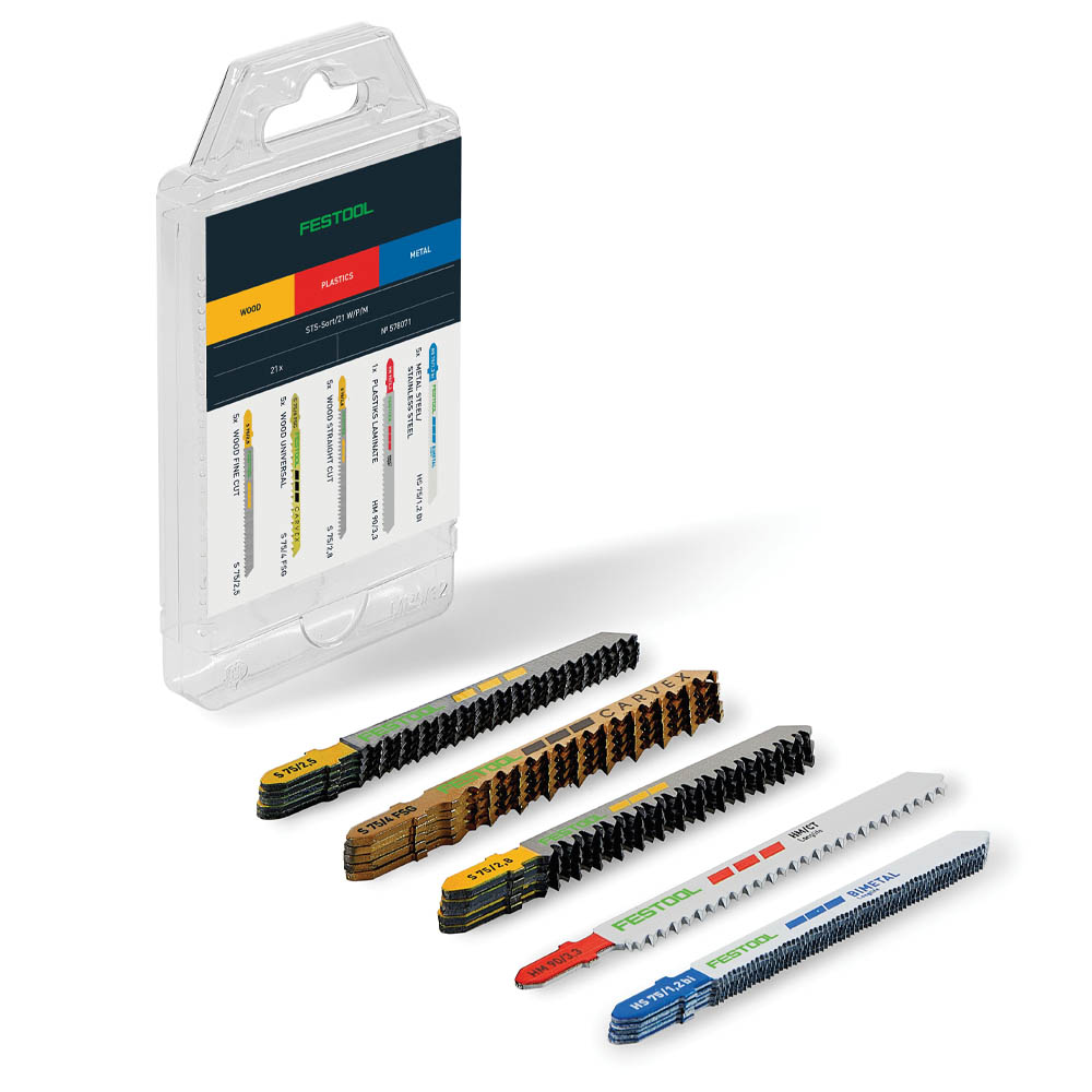 product: Festool Jigsaw Blade Set STS-Sort W/P/M - 21 Piece shown