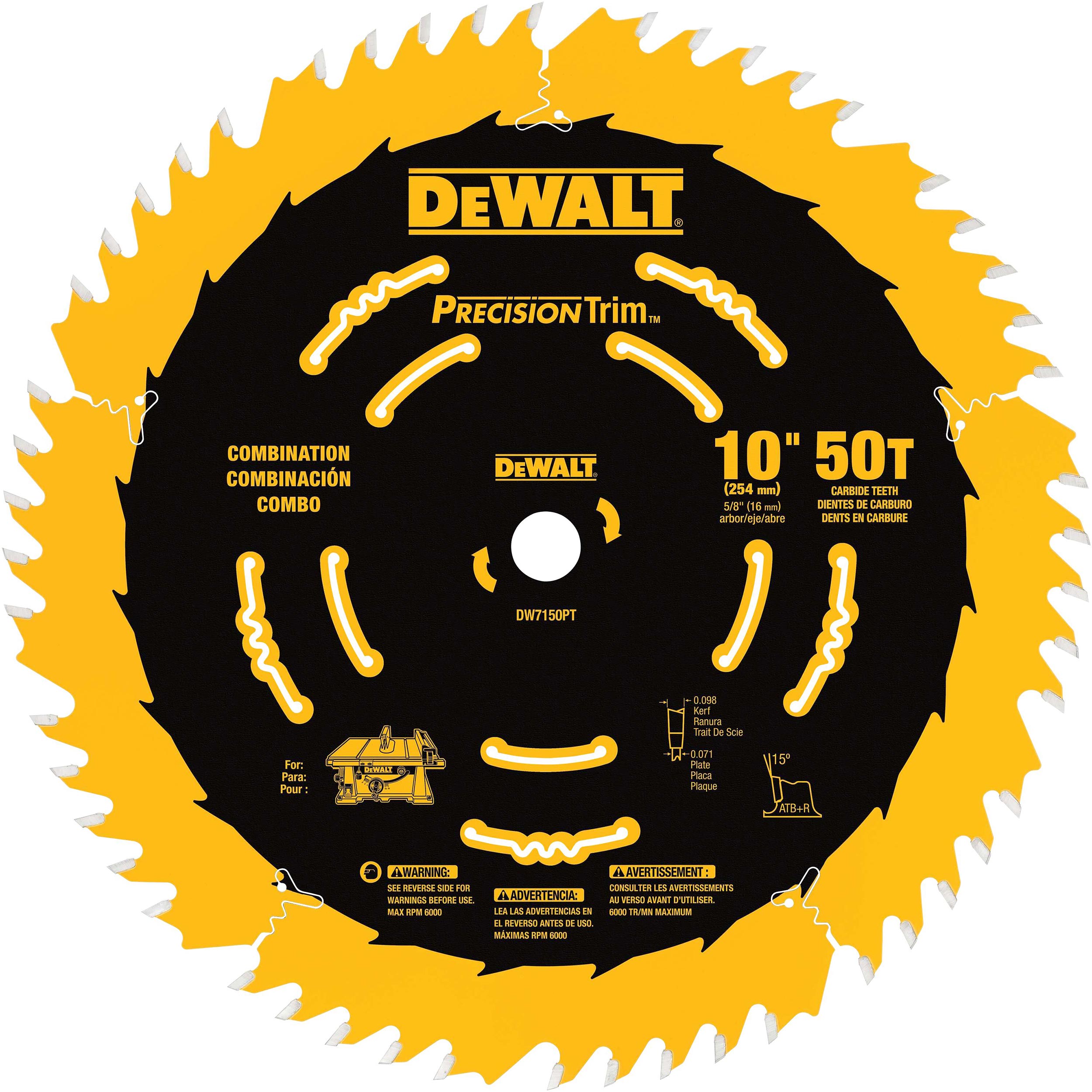 Dw7150pt Dw7150tk Coated Circular Saw Blade 10" X 50 Tooth Combination Atb/r Thin Kerf