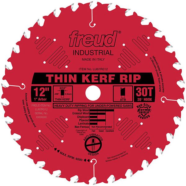 Lu87r012 Industrial Thin Kerf Ripping Blade With Red Perma-shield, 12" Diameter, 1" Arbor, 30