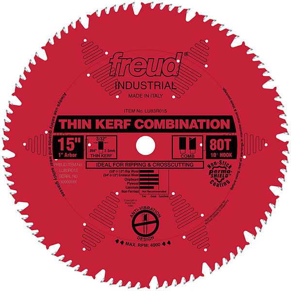 Lu83r015 Industrial Thin Kerf Combination Blade, With Red Perma-shield, 15" Diameter, 1" Arbor