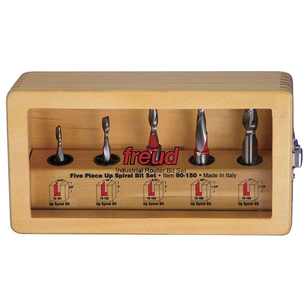product: Freud 90-150 Five Piece Up Spiral Router Bit Set shown