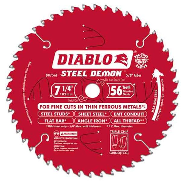 D0756f Diablo Steel Demon Ferrous Cutting Blade, 7-1/4" Diameter, 5/8" Arbor, 56 Teeth Tcg