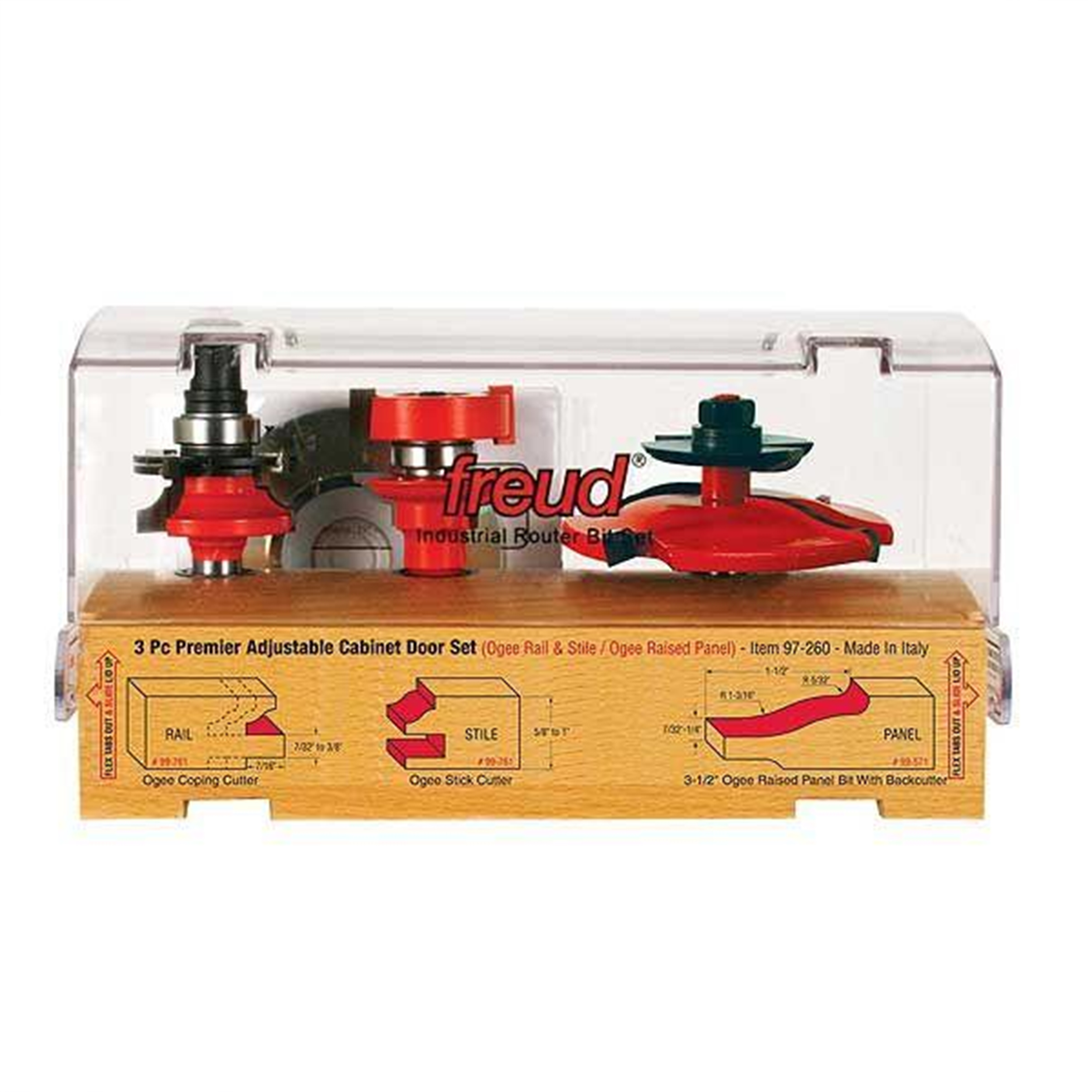 product: Freud 97-260 Adjustable Rail And Stile 3-Pc Door Router Bit Set Ogee Panel W/Bc Ogee Rail 1/2