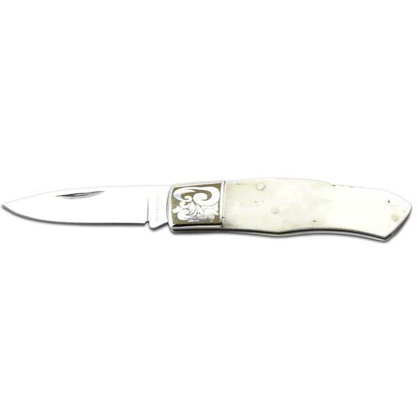 White Bone Lock Back Knife With Decorative Bolster, Model Sk-703