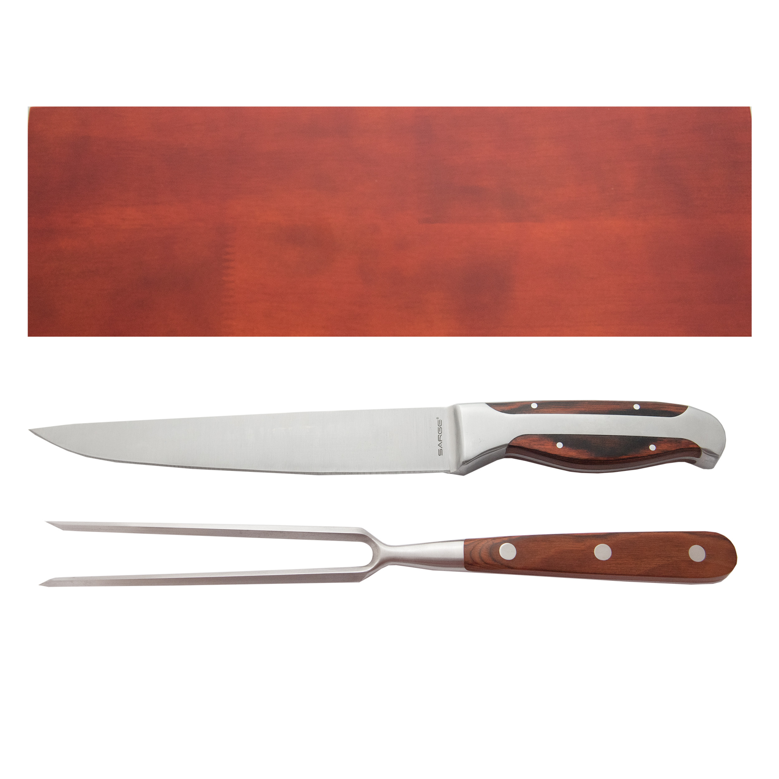 product: Sarge Prime Cut - 2 Piece Wooden Carving Set, Stainless Steel and Cocobolo shown